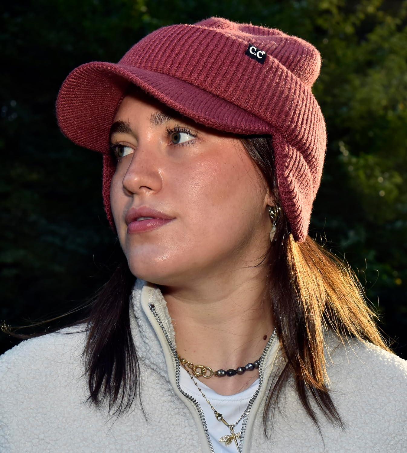 imageCC Beanie Strechy Snug Fit Soft Knit Hat with Visor Brim ampamp Ear Warmer FlapsDeep Cherry Red