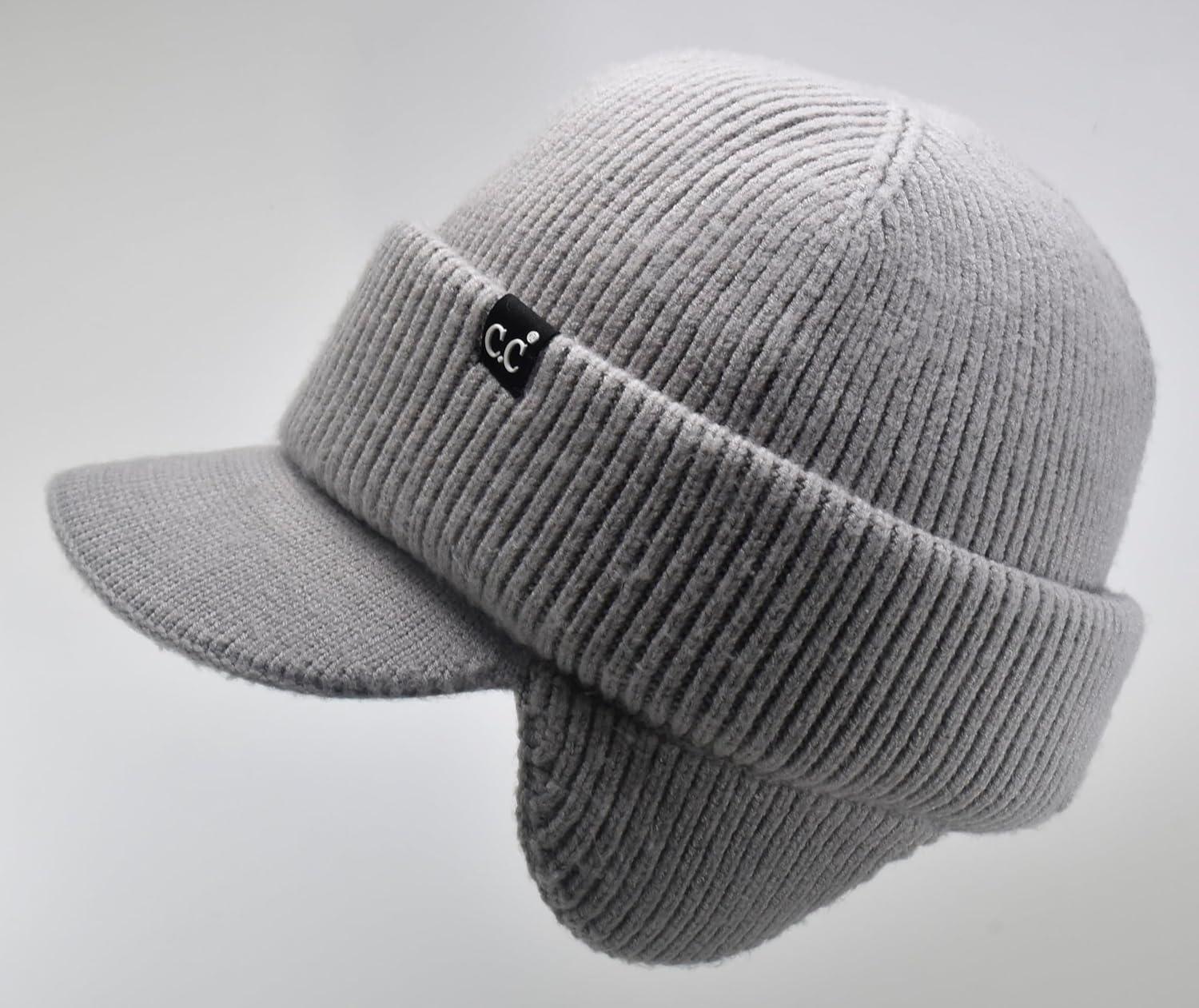 imageCC Beanie Strechy Snug Fit Soft Knit Hat with Visor Brim ampamp Ear Warmer FlapsHeather Grey