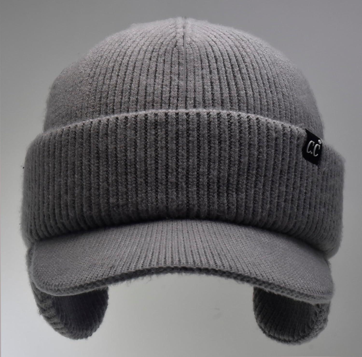 imageCC Beanie Strechy Snug Fit Soft Knit Hat with Visor Brim ampamp Ear Warmer FlapsHeather Grey