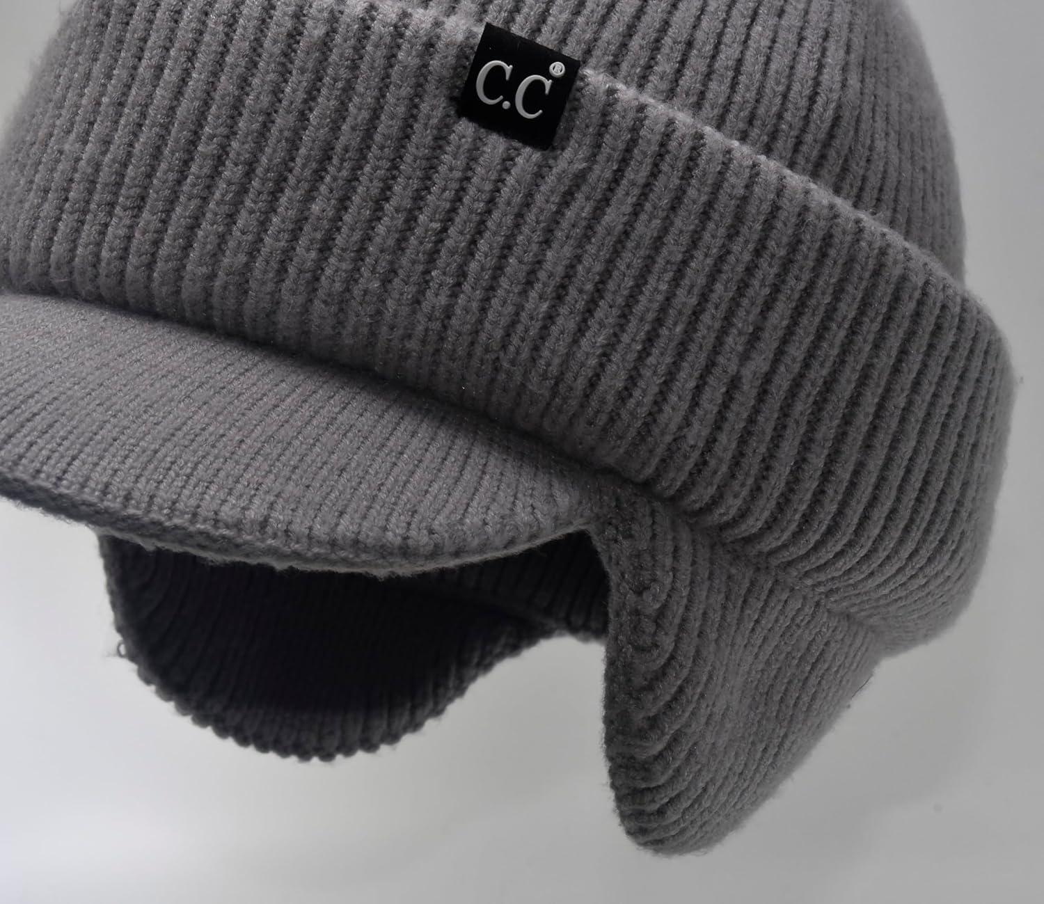 imageCC Beanie Strechy Snug Fit Soft Knit Hat with Visor Brim ampamp Ear Warmer FlapsHeather Grey