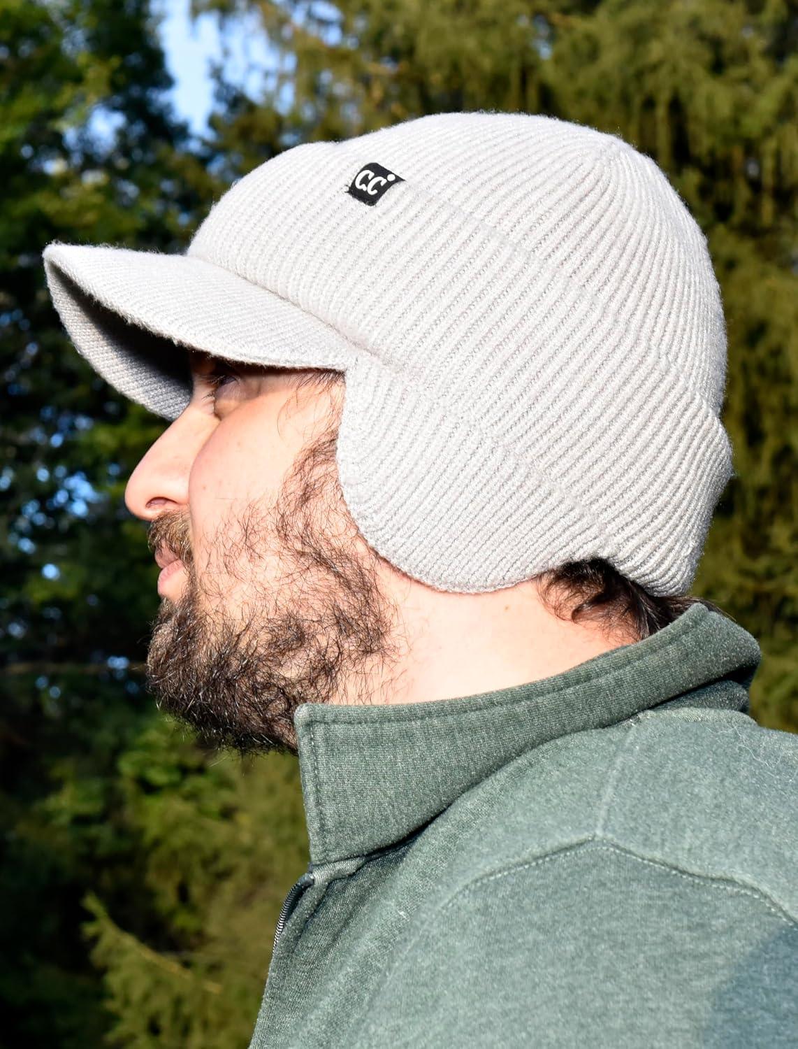imageCC Beanie Strechy Snug Fit Soft Knit Hat with Visor Brim ampamp Ear Warmer FlapsHeather Grey