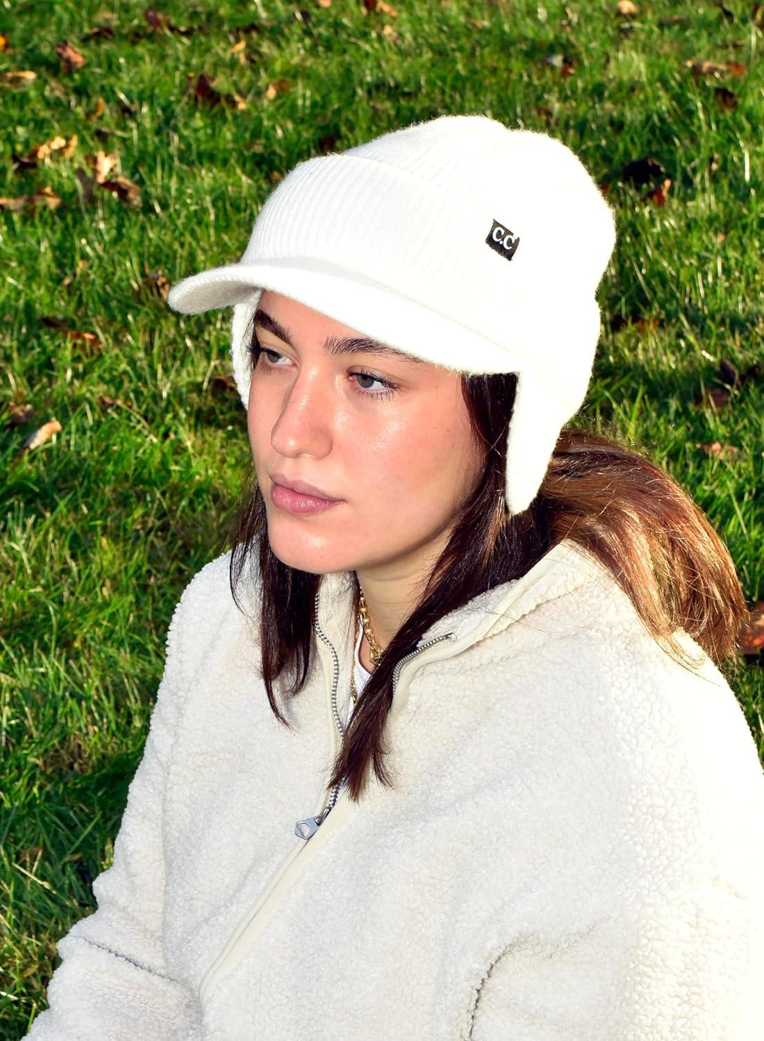 imageCC Beanie Strechy Snug Fit Soft Knit Hat with Visor Brim ampamp Ear Warmer FlapsIvory  Off White