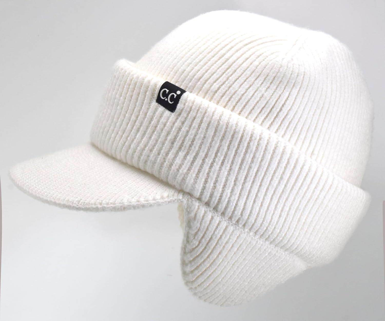imageCC Beanie Strechy Snug Fit Soft Knit Hat with Visor Brim ampamp Ear Warmer FlapsIvory  Off White