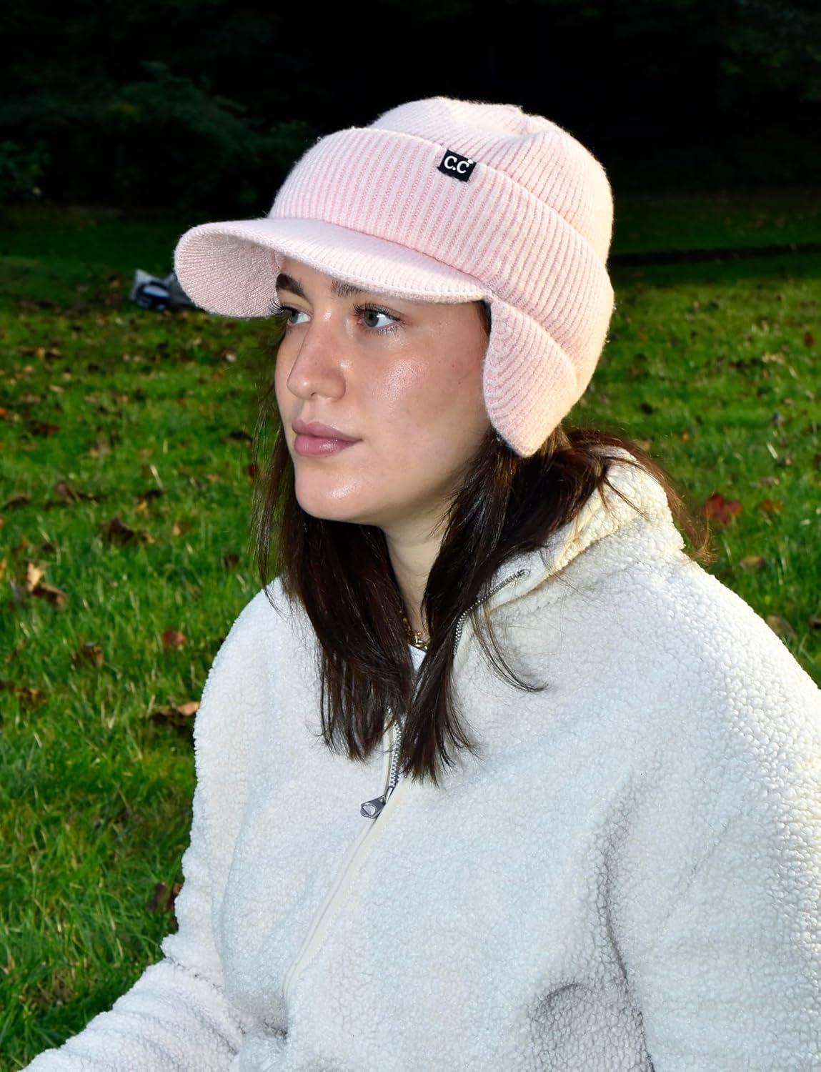 imageCC Beanie Strechy Snug Fit Soft Knit Hat with Visor Brim ampamp Ear Warmer FlapsLight Pink
