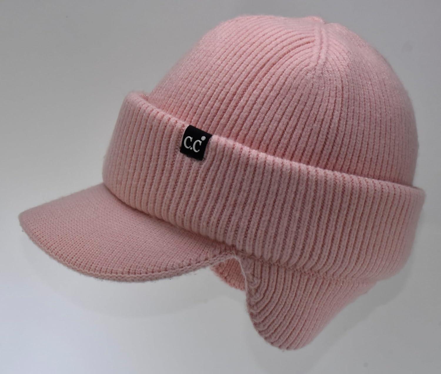 imageCC Beanie Strechy Snug Fit Soft Knit Hat with Visor Brim ampamp Ear Warmer FlapsLight Pink