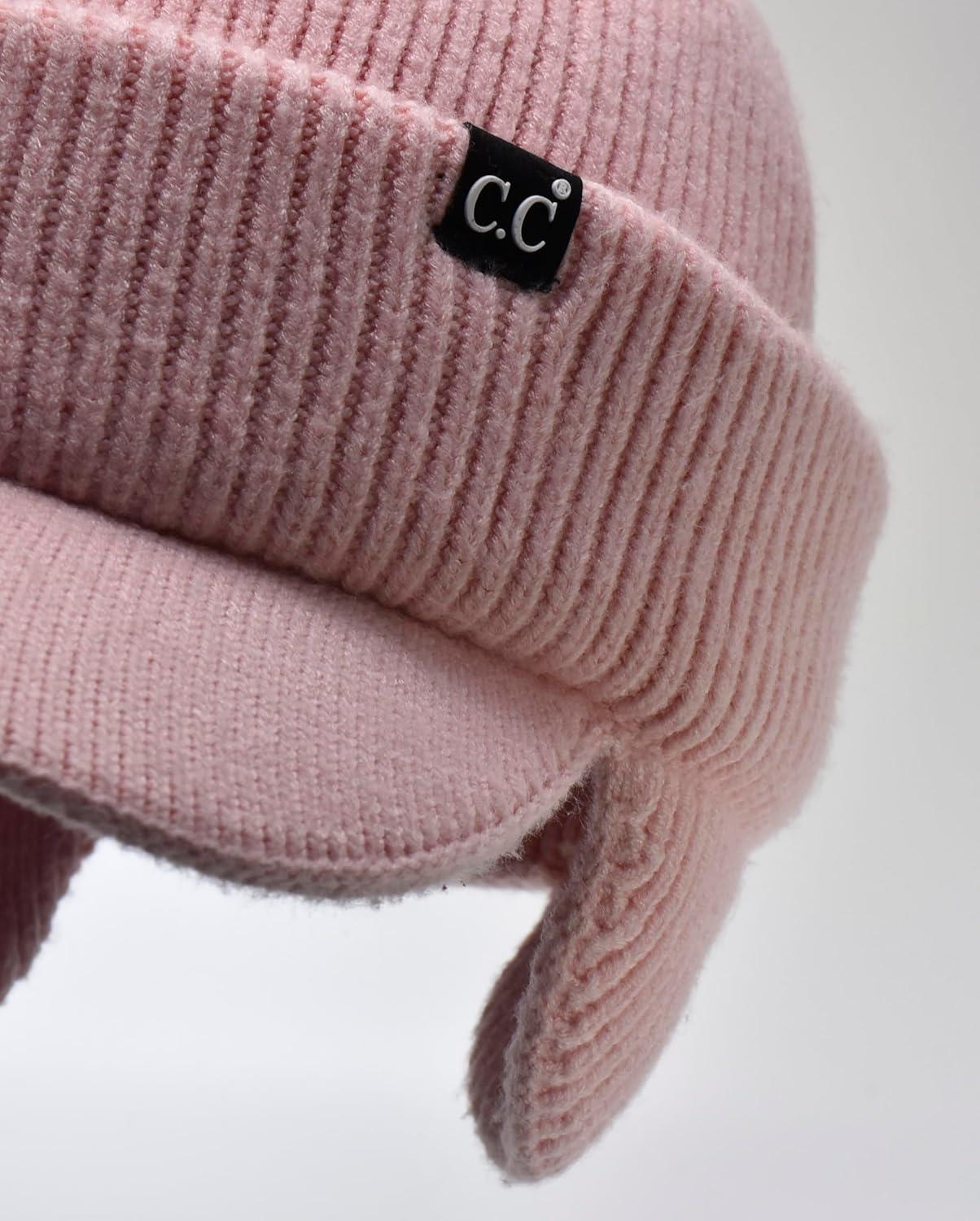 imageCC Beanie Strechy Snug Fit Soft Knit Hat with Visor Brim ampamp Ear Warmer FlapsLight Pink