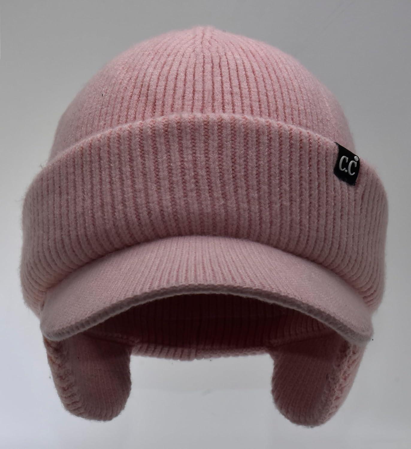 imageCC Beanie Strechy Snug Fit Soft Knit Hat with Visor Brim ampamp Ear Warmer FlapsLight Pink
