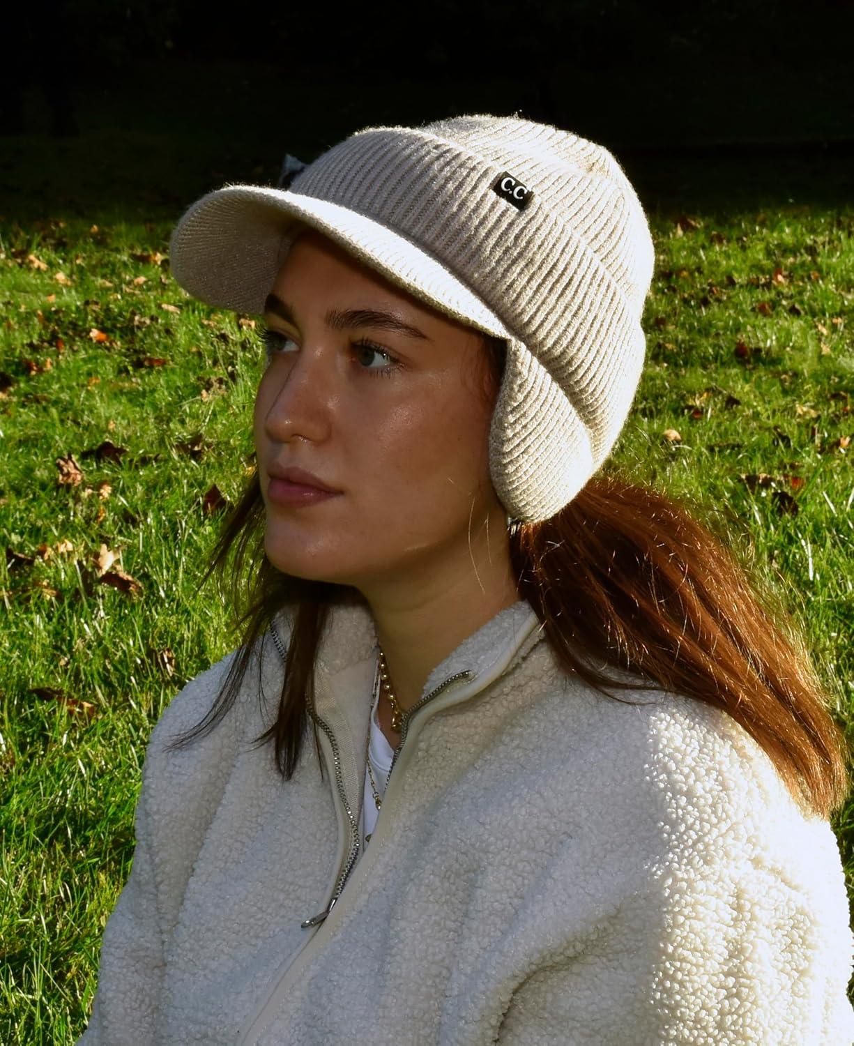 imageCC Beanie Strechy Snug Fit Soft Knit Hat with Visor Brim ampamp Ear Warmer FlapsLight Taupe