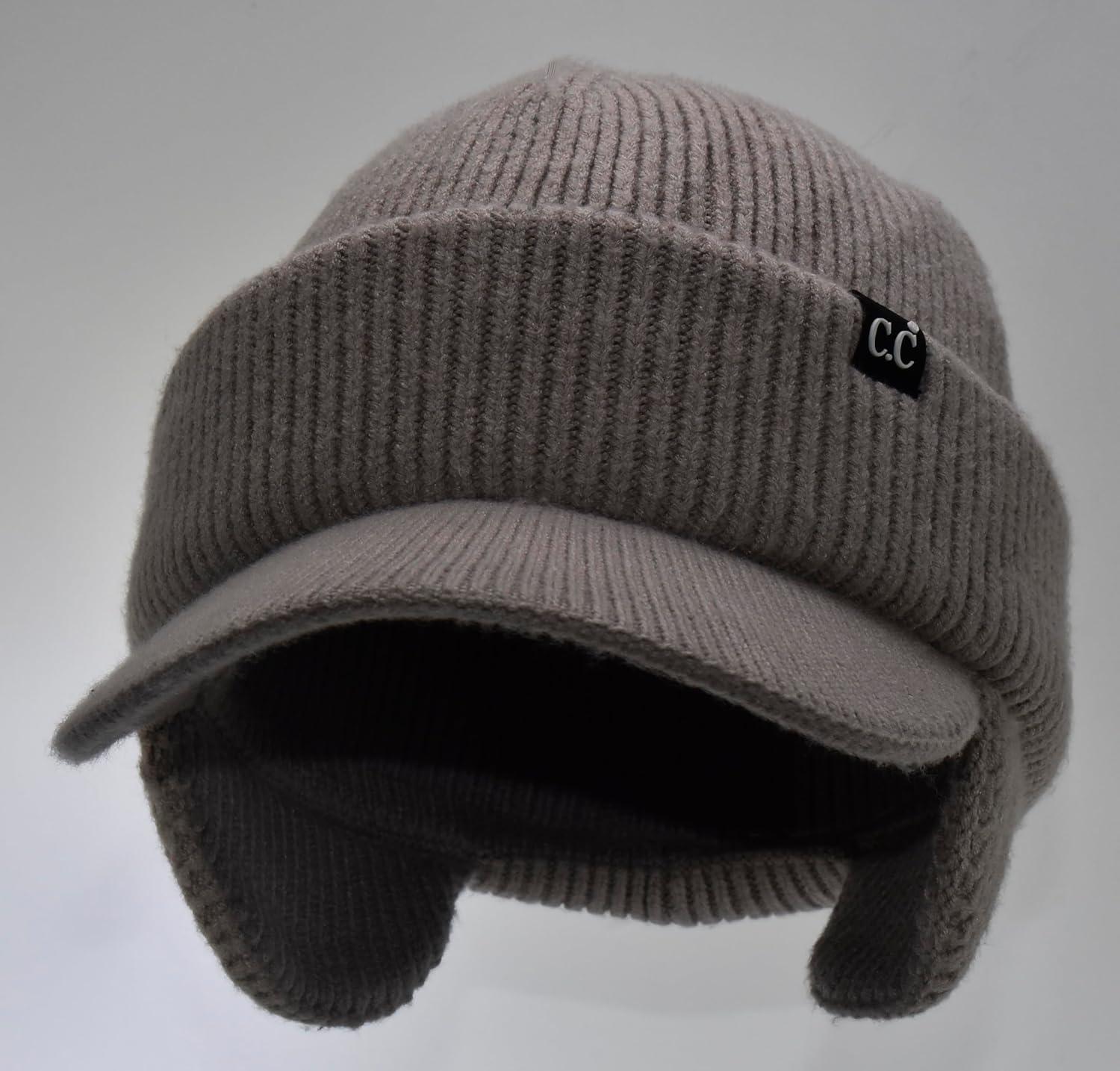 imageCC Beanie Strechy Snug Fit Soft Knit Hat with Visor Brim ampamp Ear Warmer FlapsLight Taupe