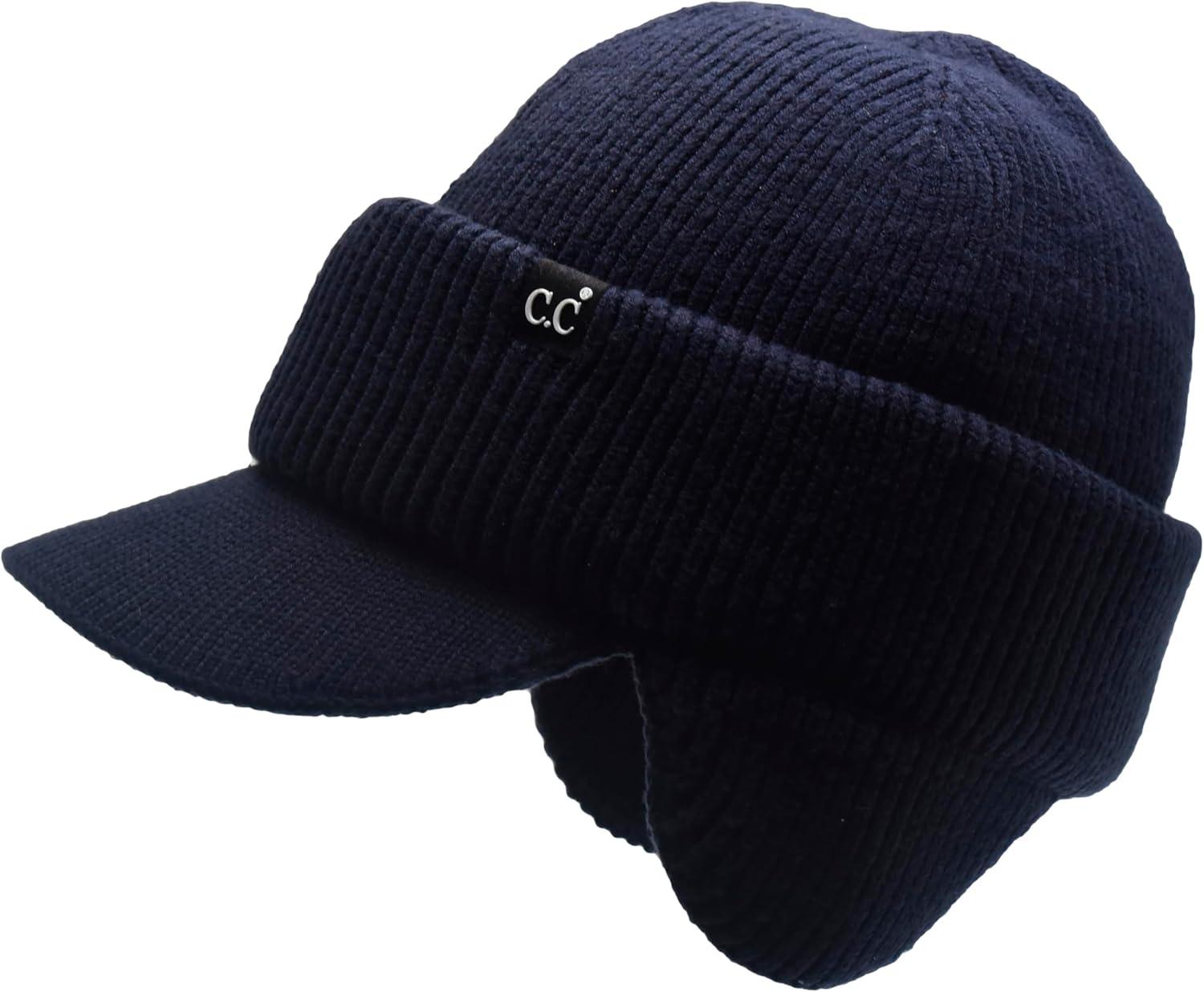 imageCC Beanie Strechy Snug Fit Soft Knit Hat with Visor Brim ampamp Ear Warmer FlapsNavy Blue