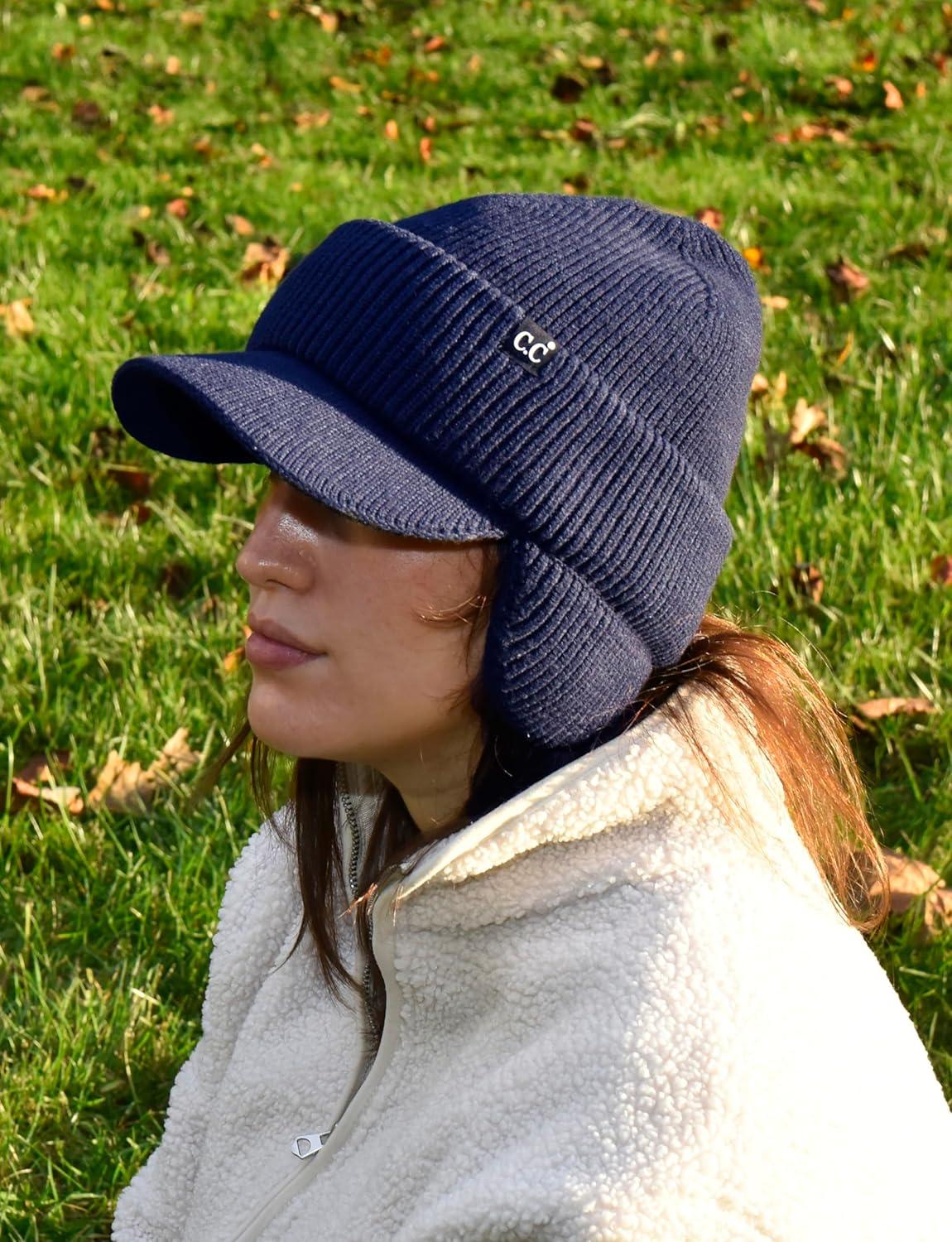 imageCC Beanie Strechy Snug Fit Soft Knit Hat with Visor Brim ampamp Ear Warmer FlapsNavy Blue