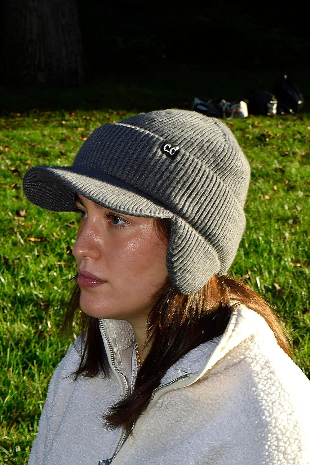 imageCC Beanie Strechy Snug Fit Soft Knit Hat with Visor Brim ampamp Ear Warmer FlapsSlate Grey