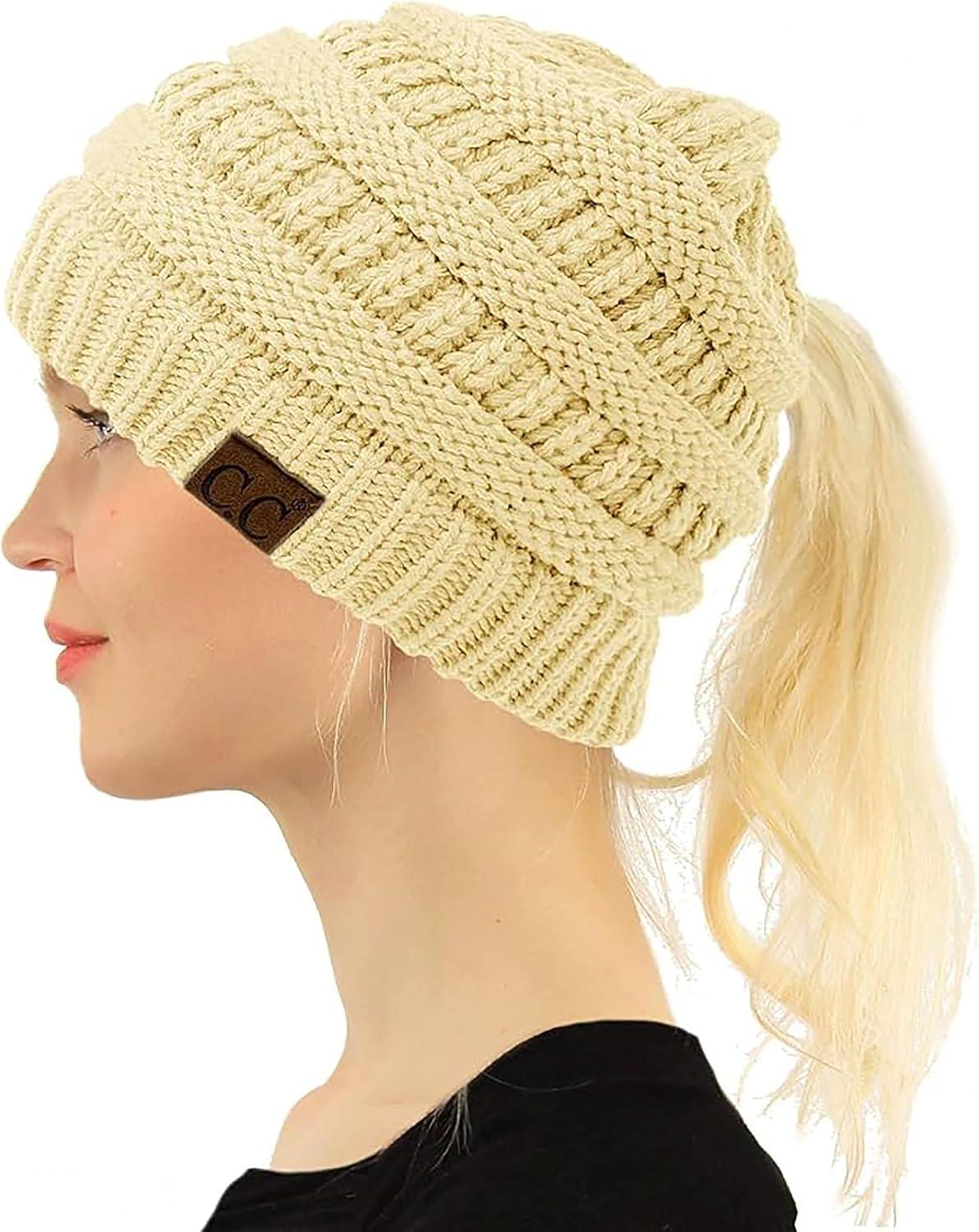 imageCC Beanie for Women Winter Hats Ponytail Hole Criss Cross Hat Messy Bun High Ponytail Knit CapAlmond Oil