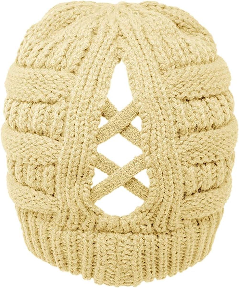 imageCC Beanie for Women Winter Hats Ponytail Hole Criss Cross Hat Messy Bun High Ponytail Knit CapAlmond Oil