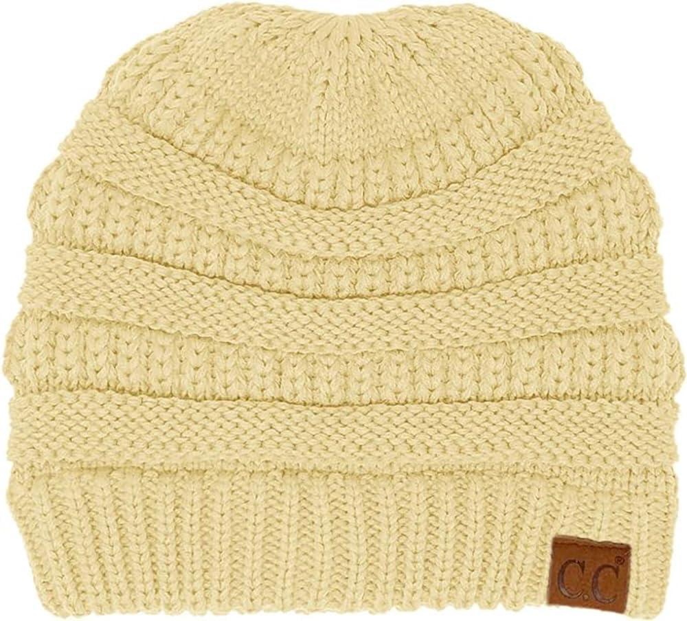 imageCC Beanie for Women Winter Hats Ponytail Hole Criss Cross Hat Messy Bun High Ponytail Knit CapAlmond Oil