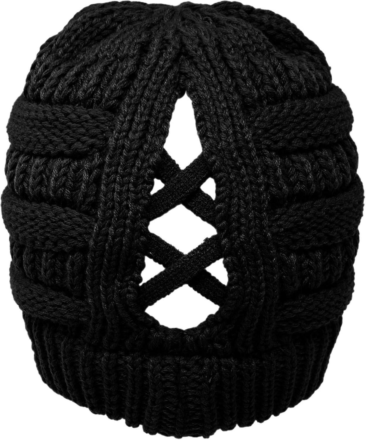 imageCC Beanie for Women Winter Hats Ponytail Hole Criss Cross Hat Messy Bun High Ponytail Knit CapBlack