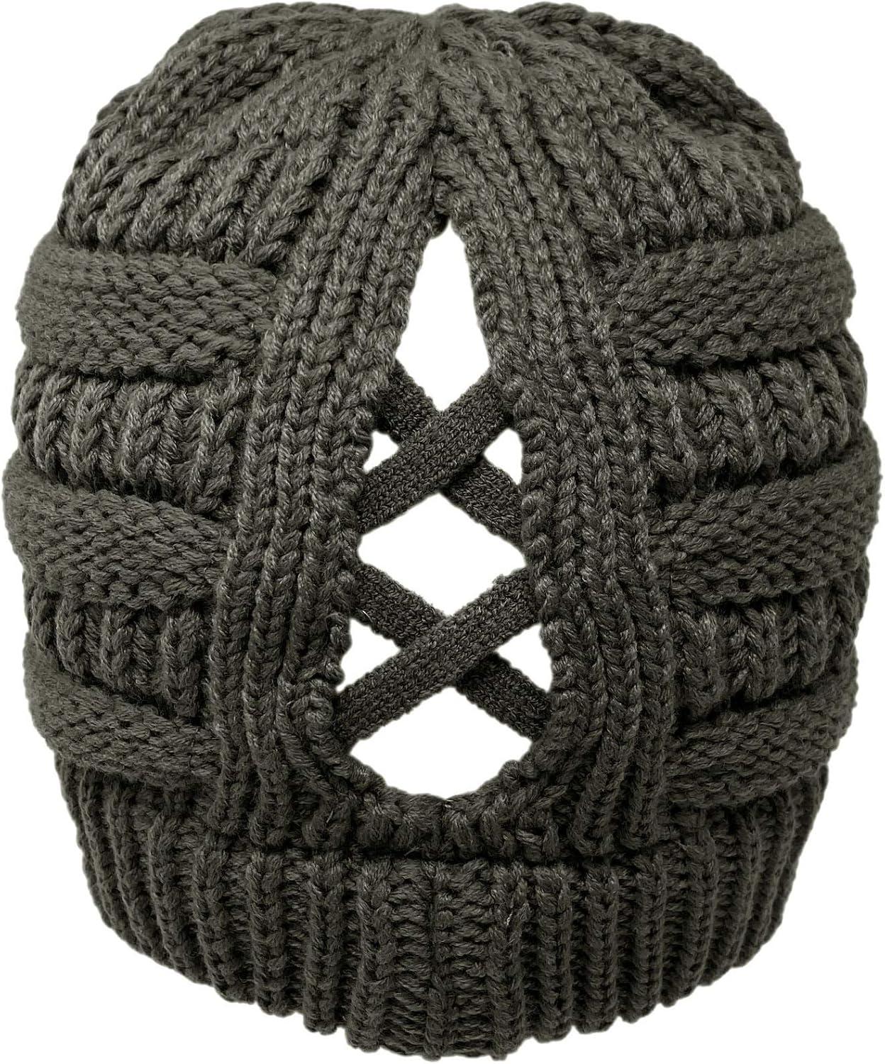 imageCC Beanie for Women Winter Hats Ponytail Hole Criss Cross Hat Messy Bun High Ponytail Knit CapDark Melange Gray