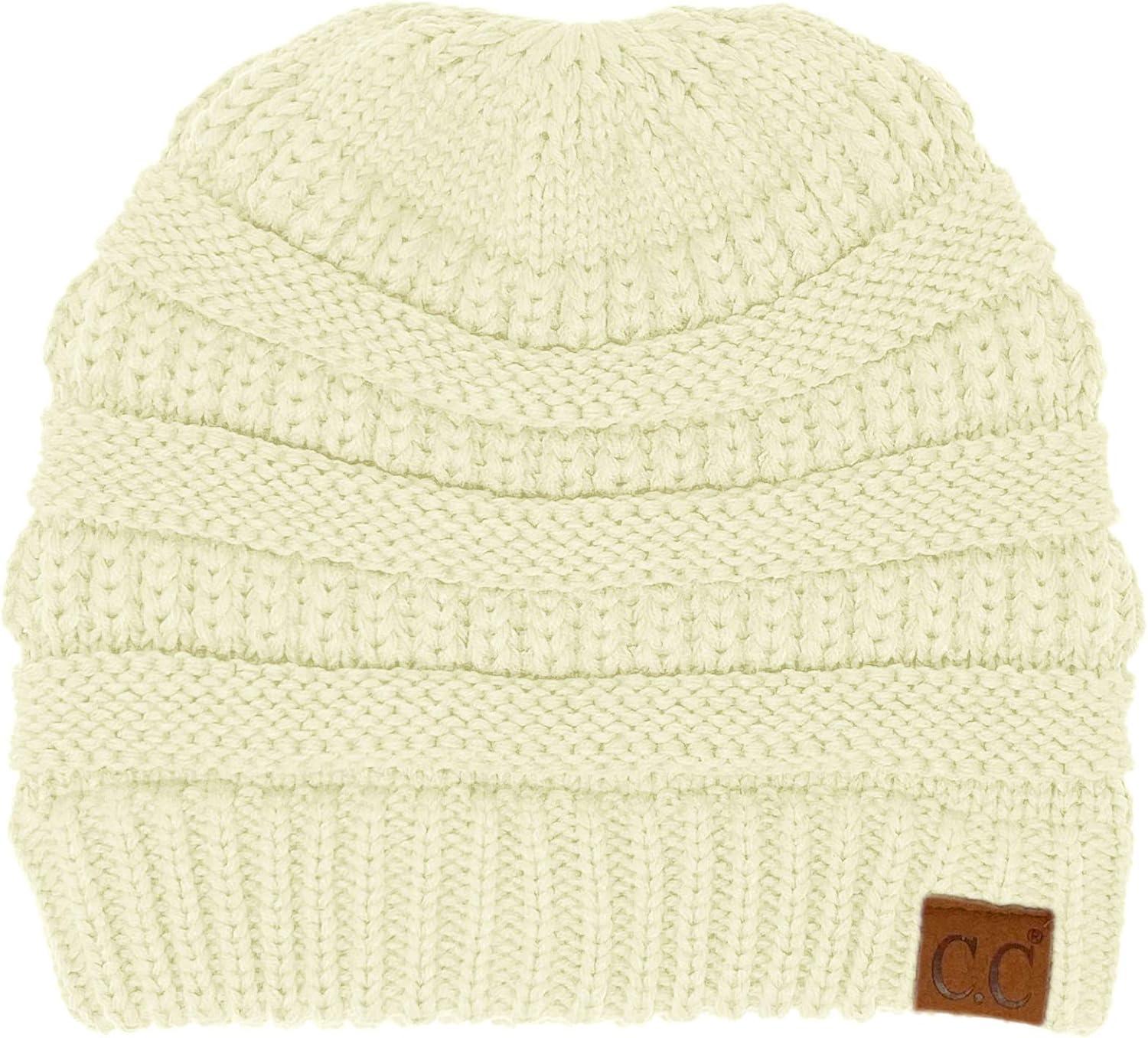imageCC Beanie for Women Winter Hats Ponytail Hole Criss Cross Hat Messy Bun High Ponytail Knit CapIvory