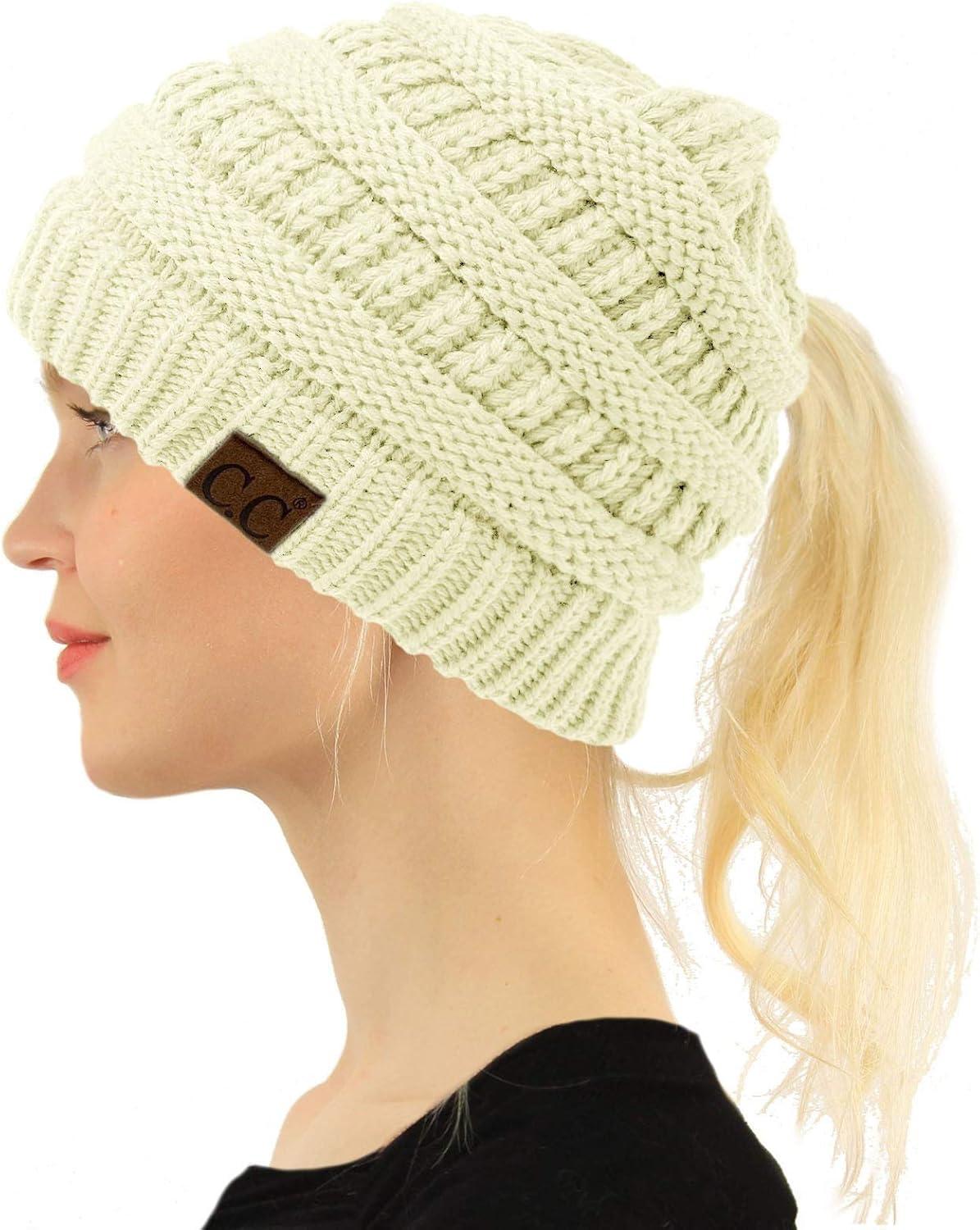 imageCC Beanie for Women Winter Hats Ponytail Hole Criss Cross Hat Messy Bun High Ponytail Knit CapIvory