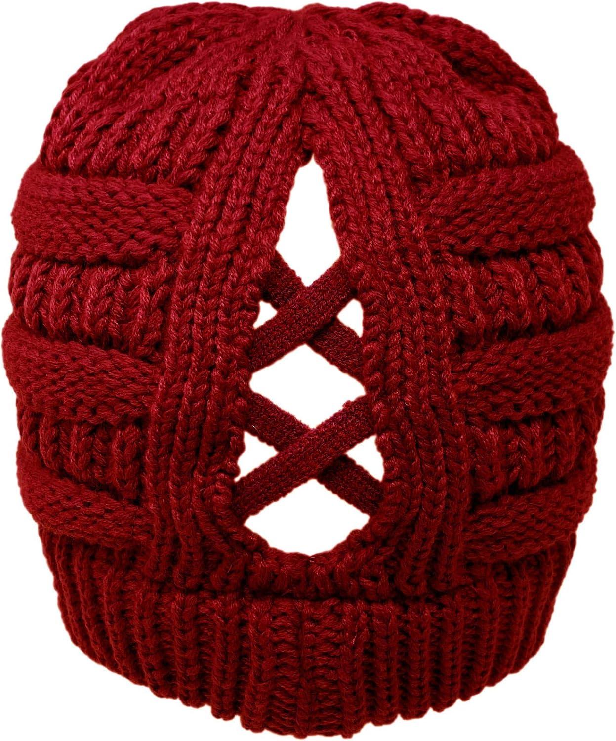 imageCC Beanie for Women Winter Hats Ponytail Hole Criss Cross Hat Messy Bun High Ponytail Knit CapMaroon