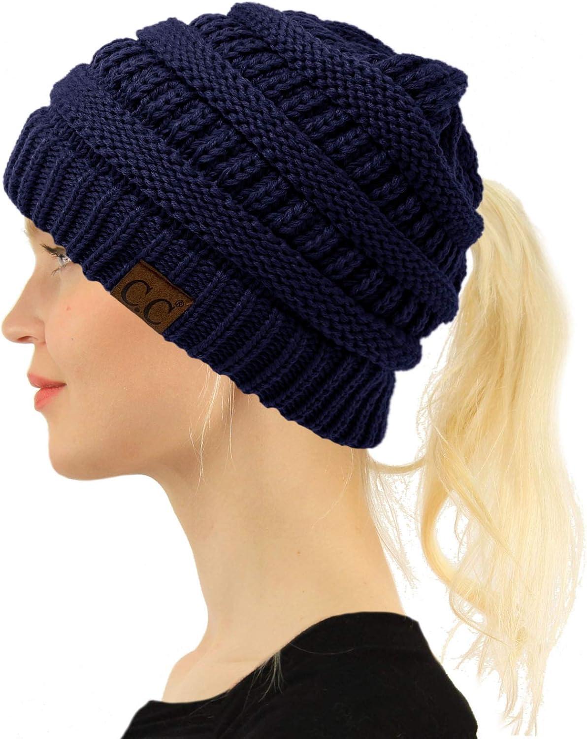 imageCC Beanie for Women Winter Hats Ponytail Hole Criss Cross Hat Messy Bun High Ponytail Knit CapNavy