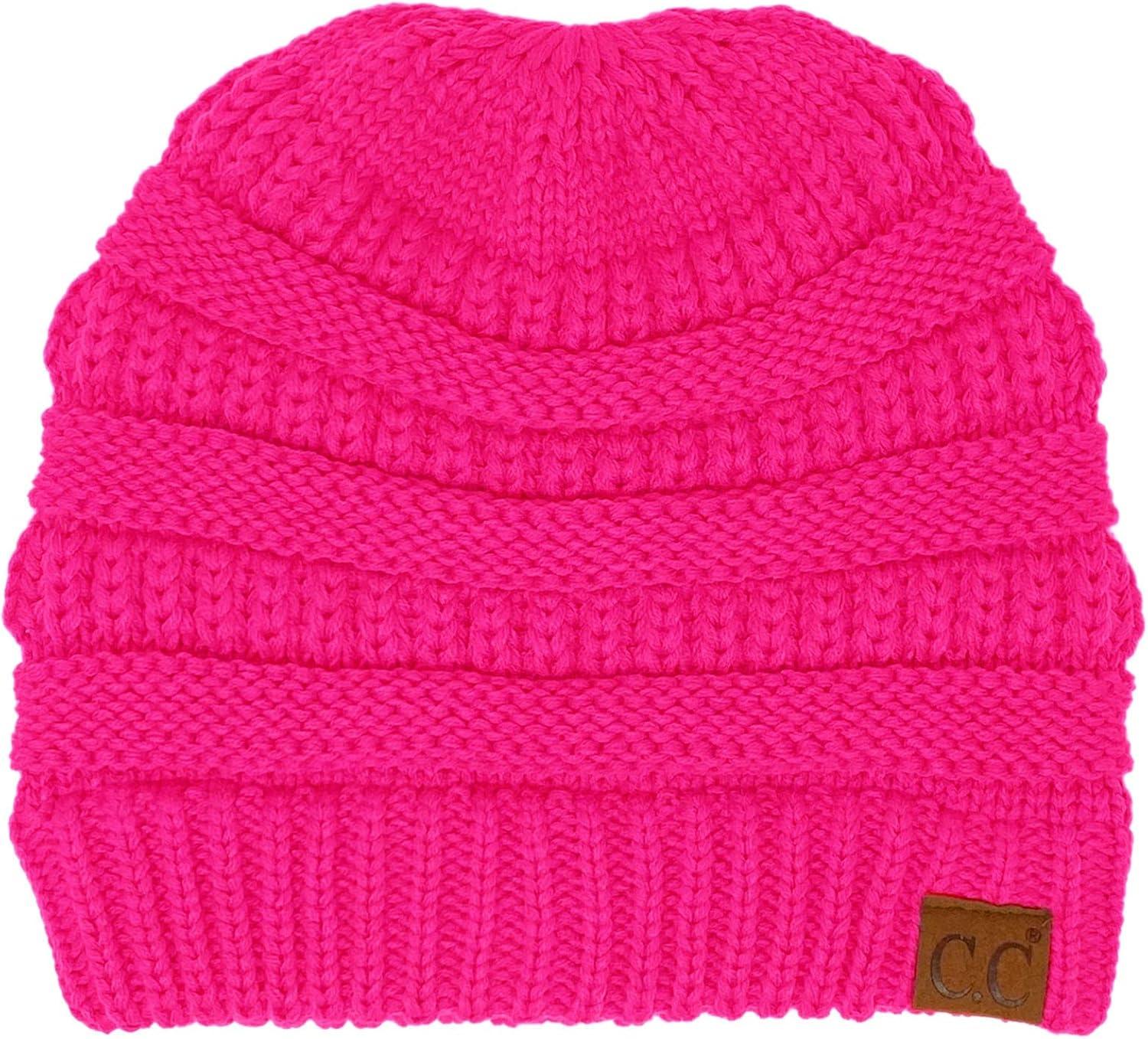 imageCC Beanie for Women Winter Hats Ponytail Hole Criss Cross Hat Messy Bun High Ponytail Knit CapNeon Hot Pink