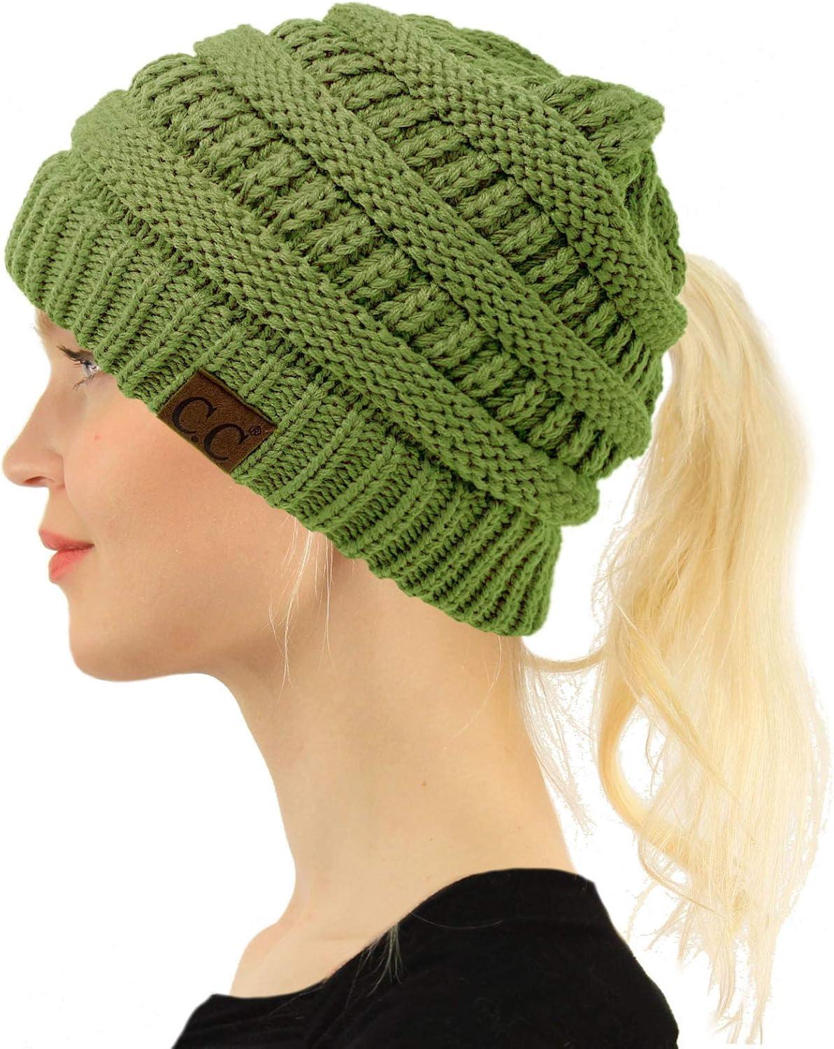 imageCC Beanie for Women Winter Hats Ponytail Hole Criss Cross Hat Messy Bun High Ponytail Knit CapOlive Green