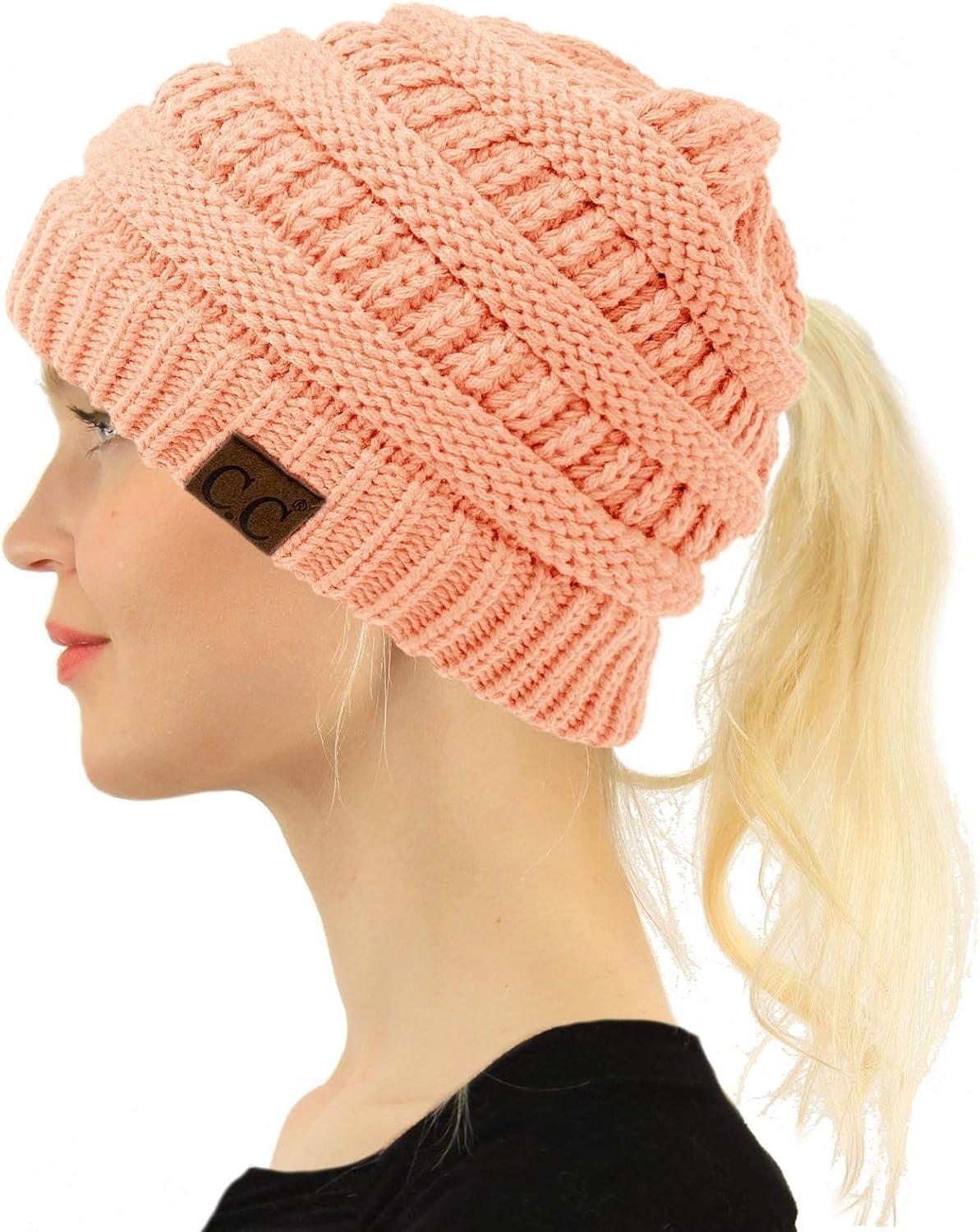 imageCC Beanie for Women Winter Hats Ponytail Hole Criss Cross Hat Messy Bun High Ponytail Knit CapRose Pink