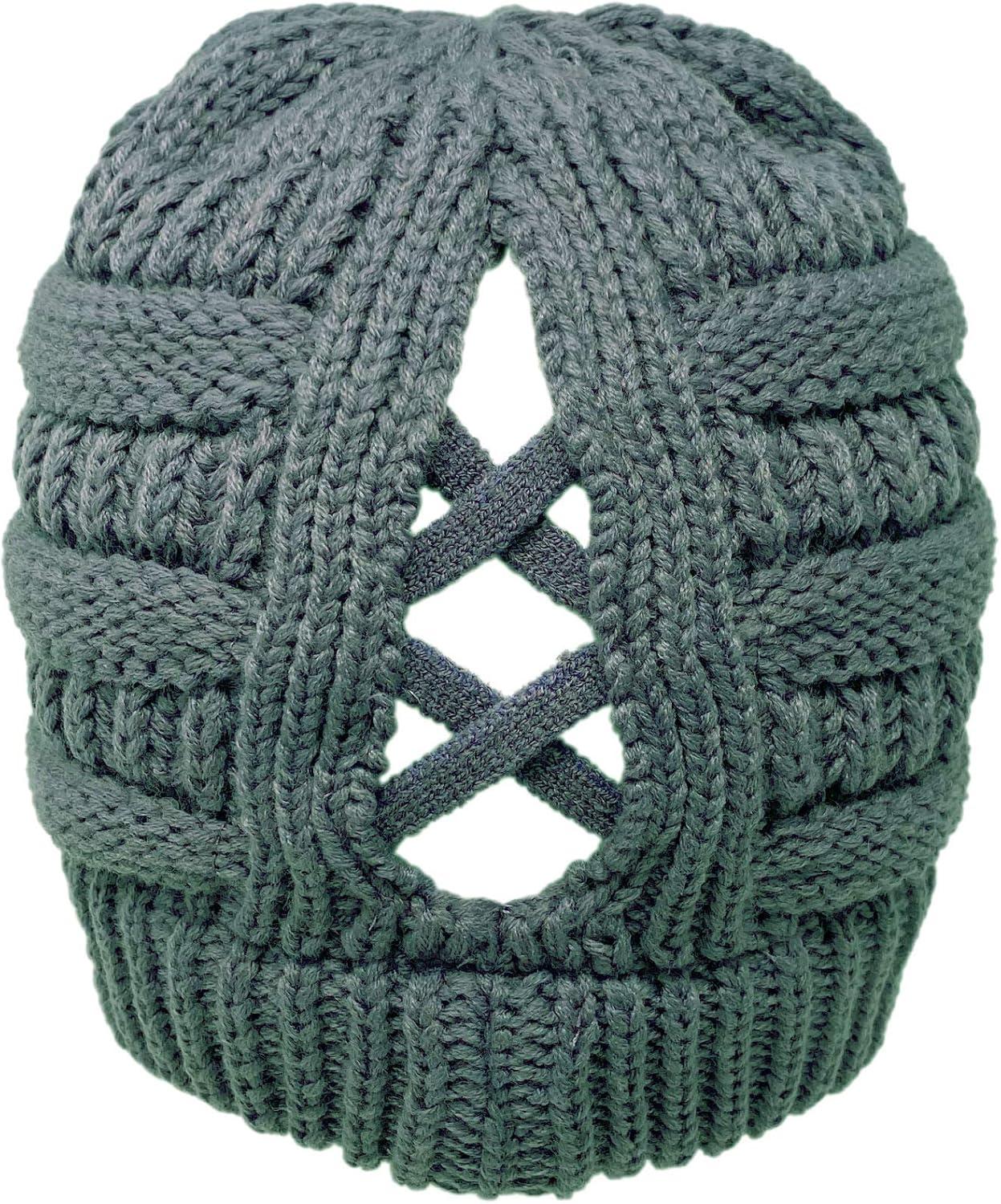 imageCC Beanie for Women Winter Hats Ponytail Hole Criss Cross Hat Messy Bun High Ponytail Knit CapSteel Blue