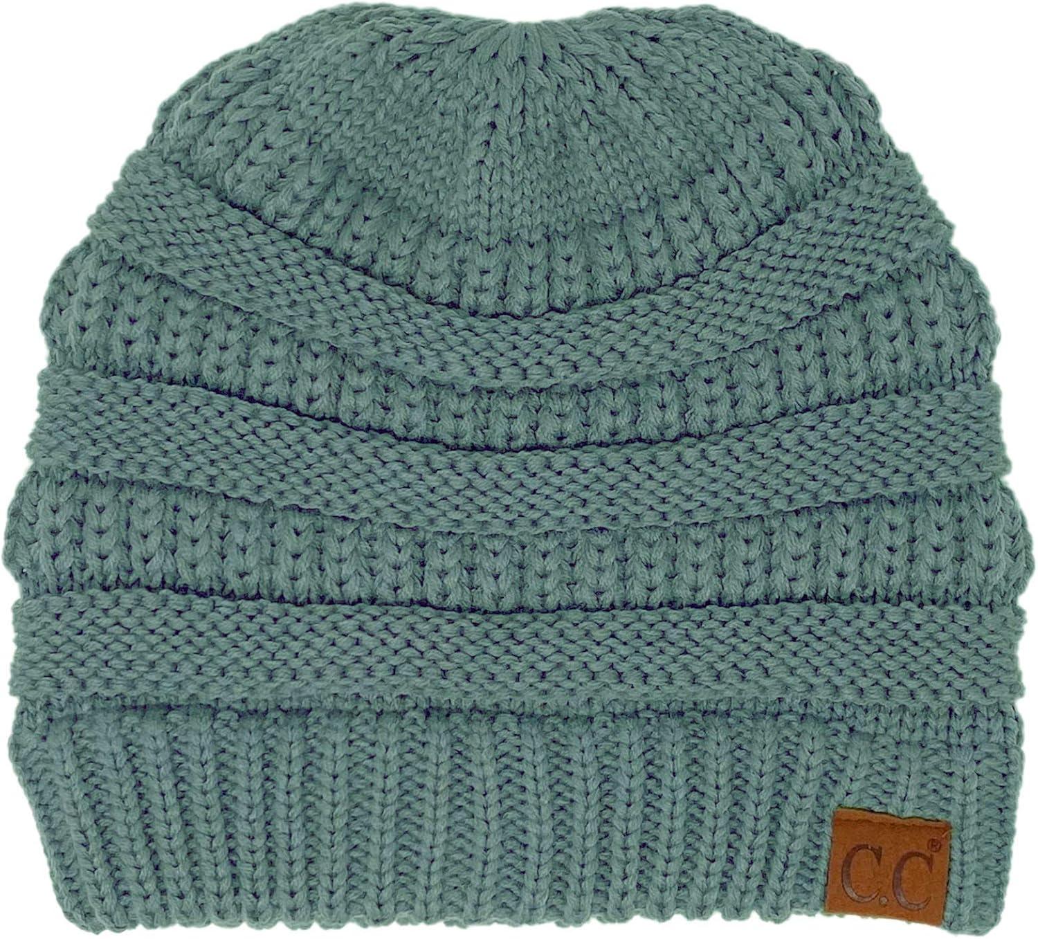 imageCC Beanie for Women Winter Hats Ponytail Hole Criss Cross Hat Messy Bun High Ponytail Knit CapSteel Blue