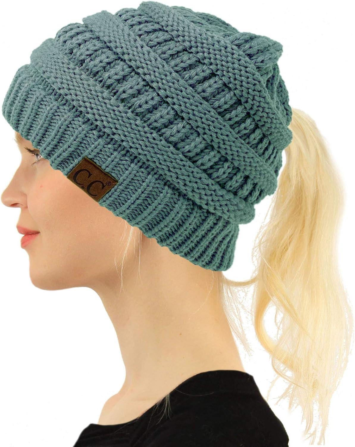 imageCC Beanie for Women Winter Hats Ponytail Hole Criss Cross Hat Messy Bun High Ponytail Knit CapSteel Blue