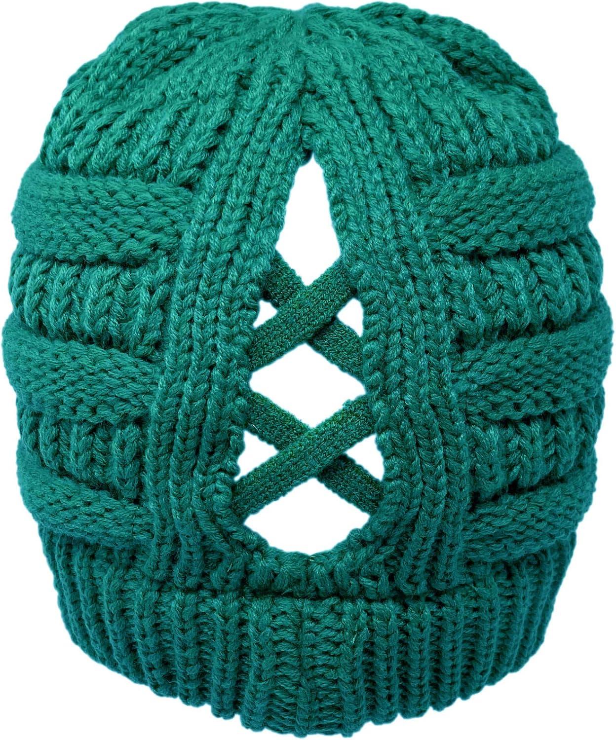 imageCC Beanie for Women Winter Hats Ponytail Hole Criss Cross Hat Messy Bun High Ponytail Knit CapTeal