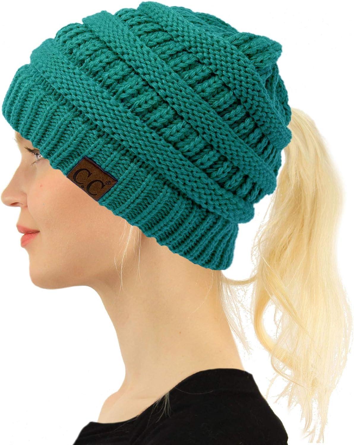 imageCC Beanie for Women Winter Hats Ponytail Hole Criss Cross Hat Messy Bun High Ponytail Knit CapTeal