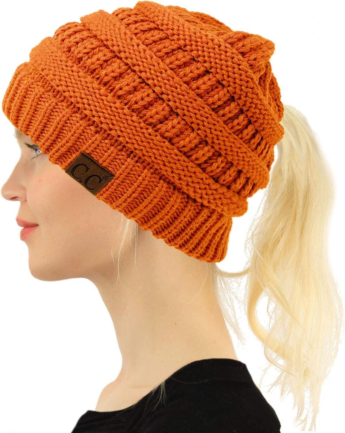 imageCC Beanie for Women Winter Hats Ponytail Hole Criss Cross Hat Messy Bun High Ponytail Knit CapToffee