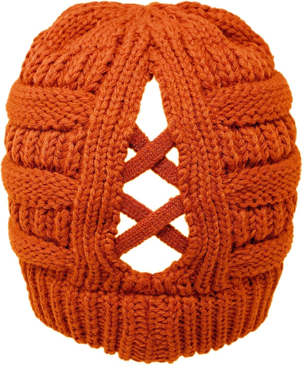 imageCC Beanie for Women Winter Hats Ponytail Hole Criss Cross Hat Messy Bun High Ponytail Knit CapToffee