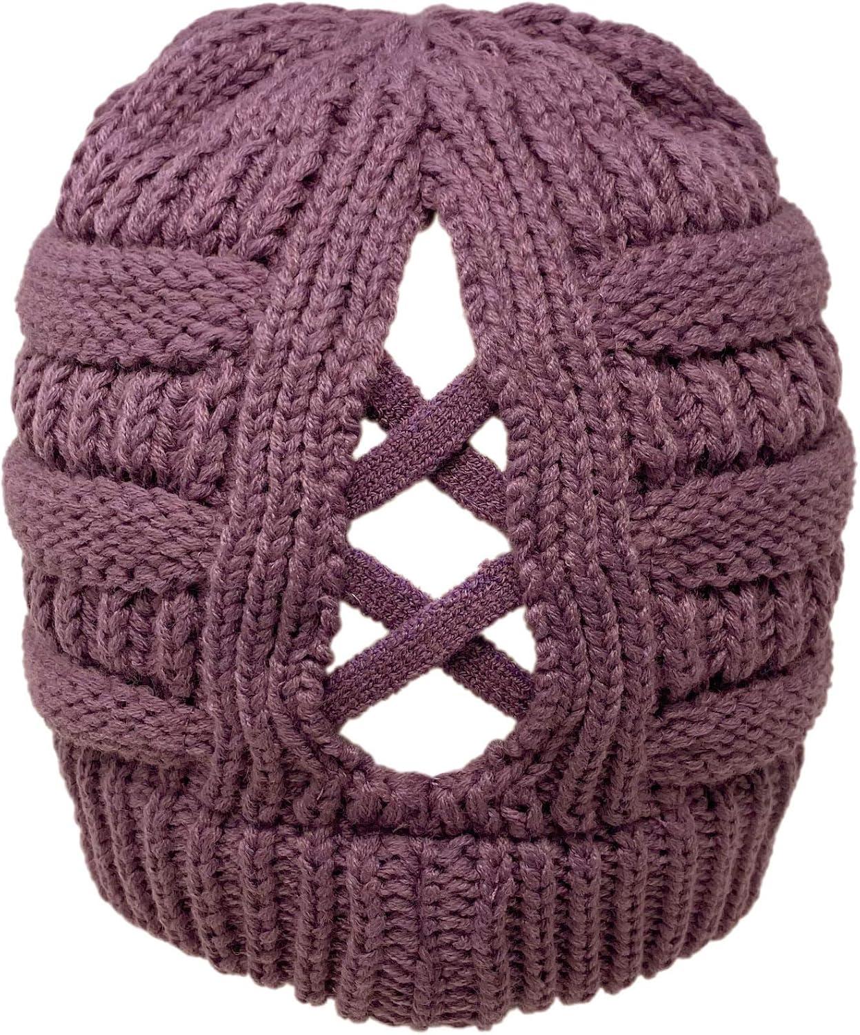 imageCC Beanie for Women Winter Hats Ponytail Hole Criss Cross Hat Messy Bun High Ponytail Knit CapViolet