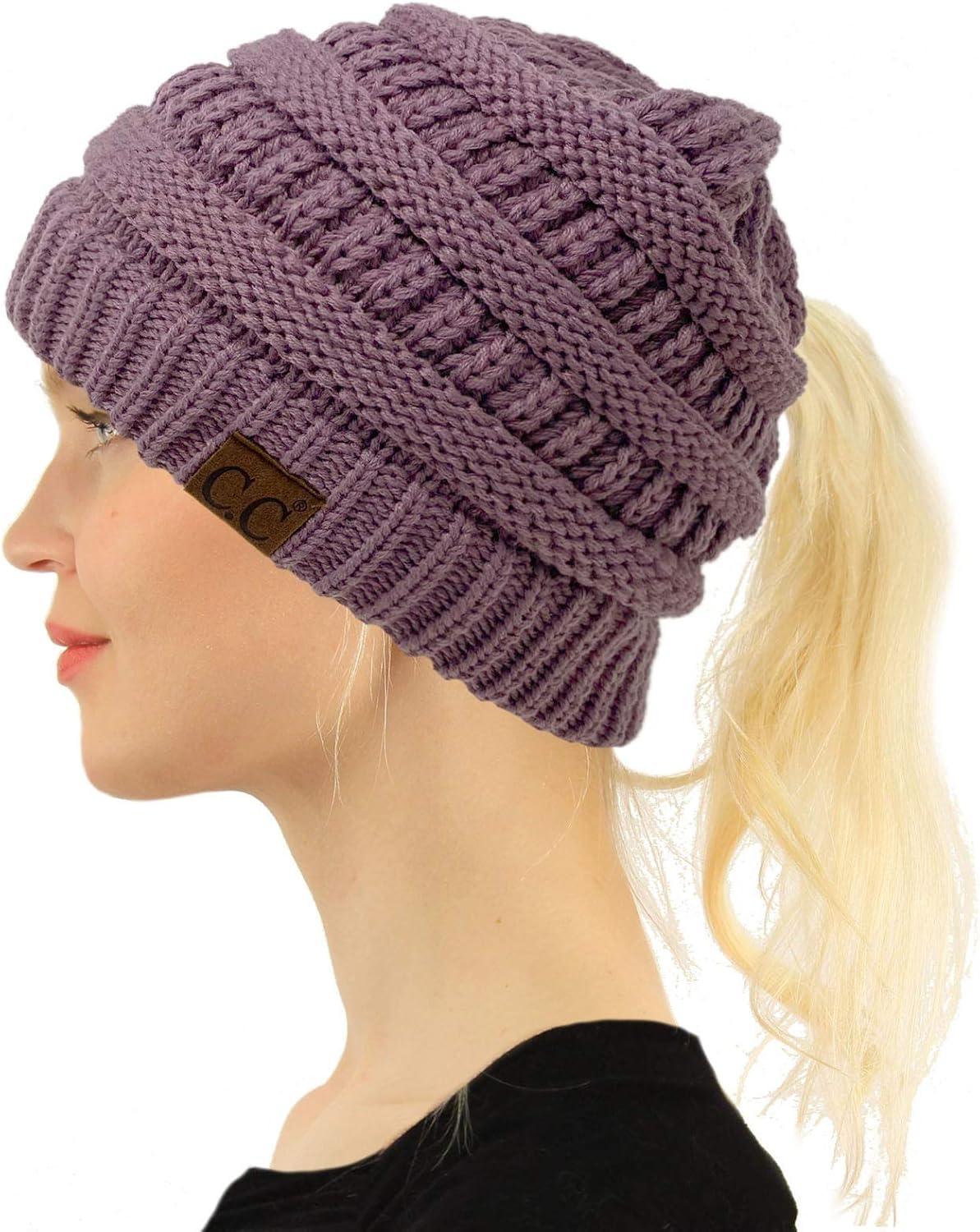imageCC Beanie for Women Winter Hats Ponytail Hole Criss Cross Hat Messy Bun High Ponytail Knit CapViolet