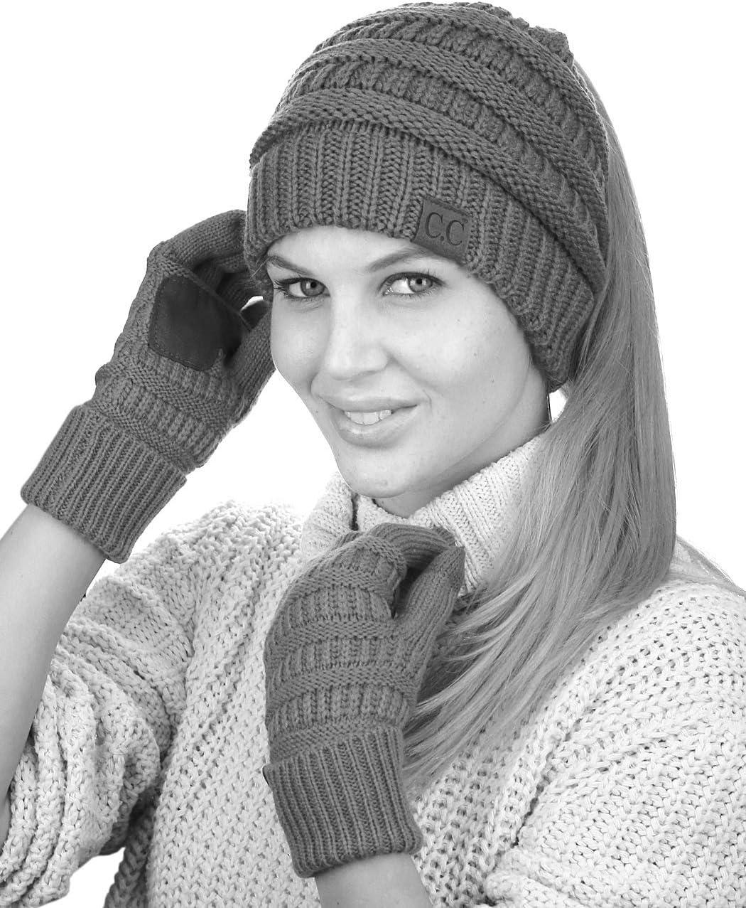 imageCC BeanieTail Messy High Bun Cable Knit Beanie and AntiSlip Touchscreen Gloves SetDark Denim