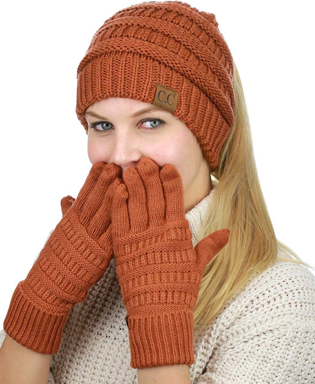imageCC BeanieTail Messy High Bun Cable Knit Beanie and AntiSlip Touchscreen Gloves SetRust