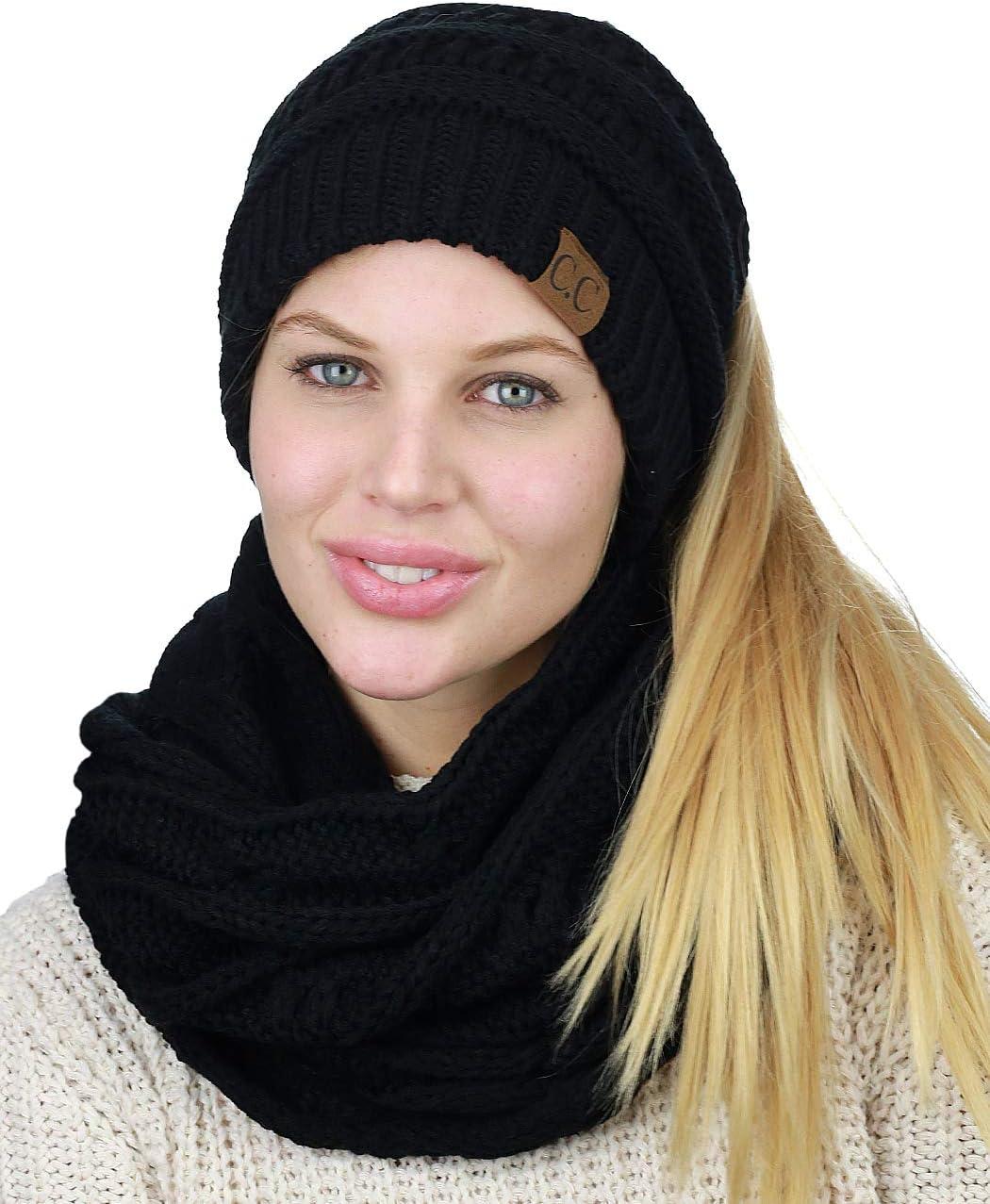 imageCC BeanieTail Messy High Bun Cable Knit Beanie and Infinity Loop Scarf SetBlack