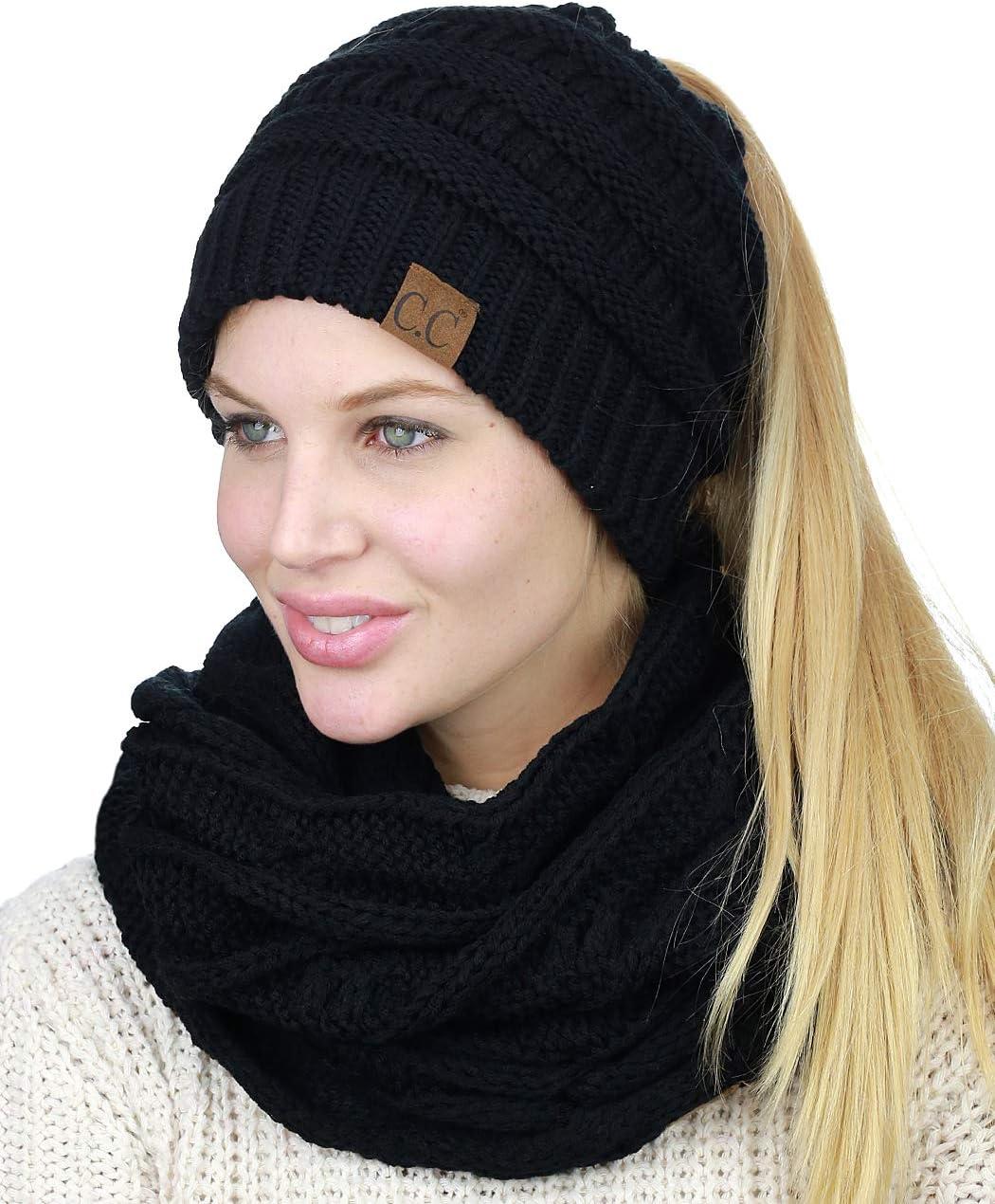 imageCC BeanieTail Messy High Bun Cable Knit Beanie and Infinity Loop Scarf SetBlack