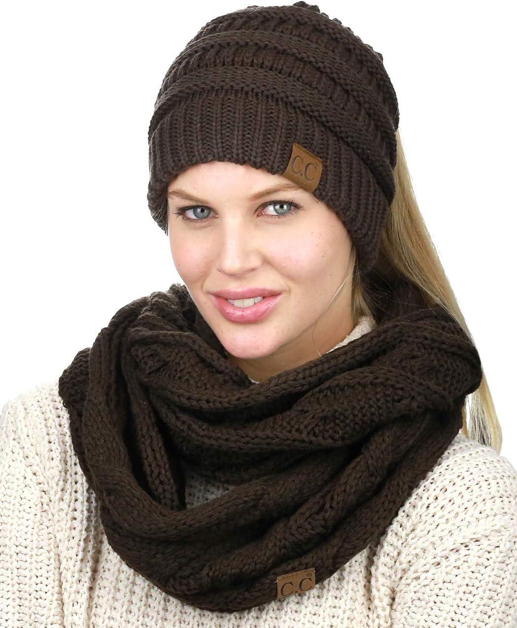 imageCC BeanieTail Messy High Bun Cable Knit Beanie and Infinity Loop Scarf SetBrown