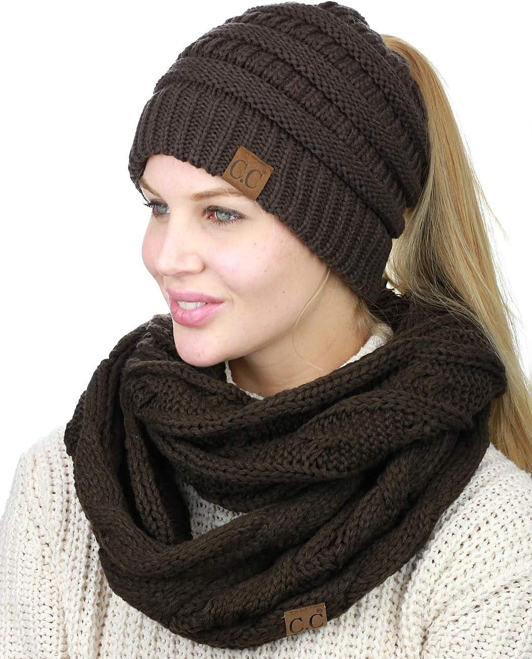 imageCC BeanieTail Messy High Bun Cable Knit Beanie and Infinity Loop Scarf SetBrown