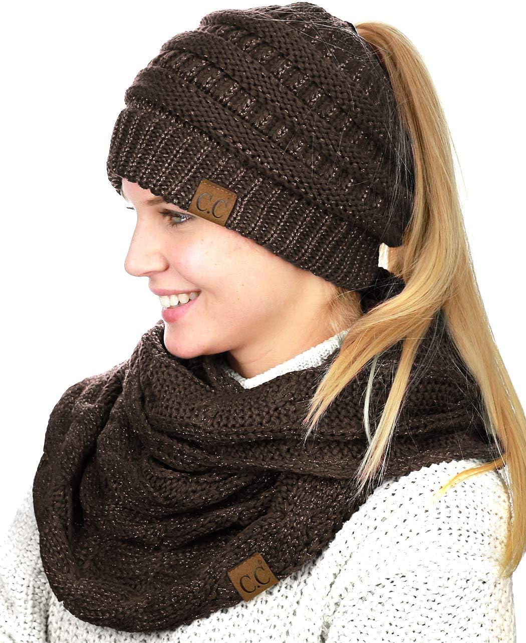 imageCC BeanieTail Messy High Bun Cable Knit Beanie and Infinity Loop Scarf SetBrown Metallic