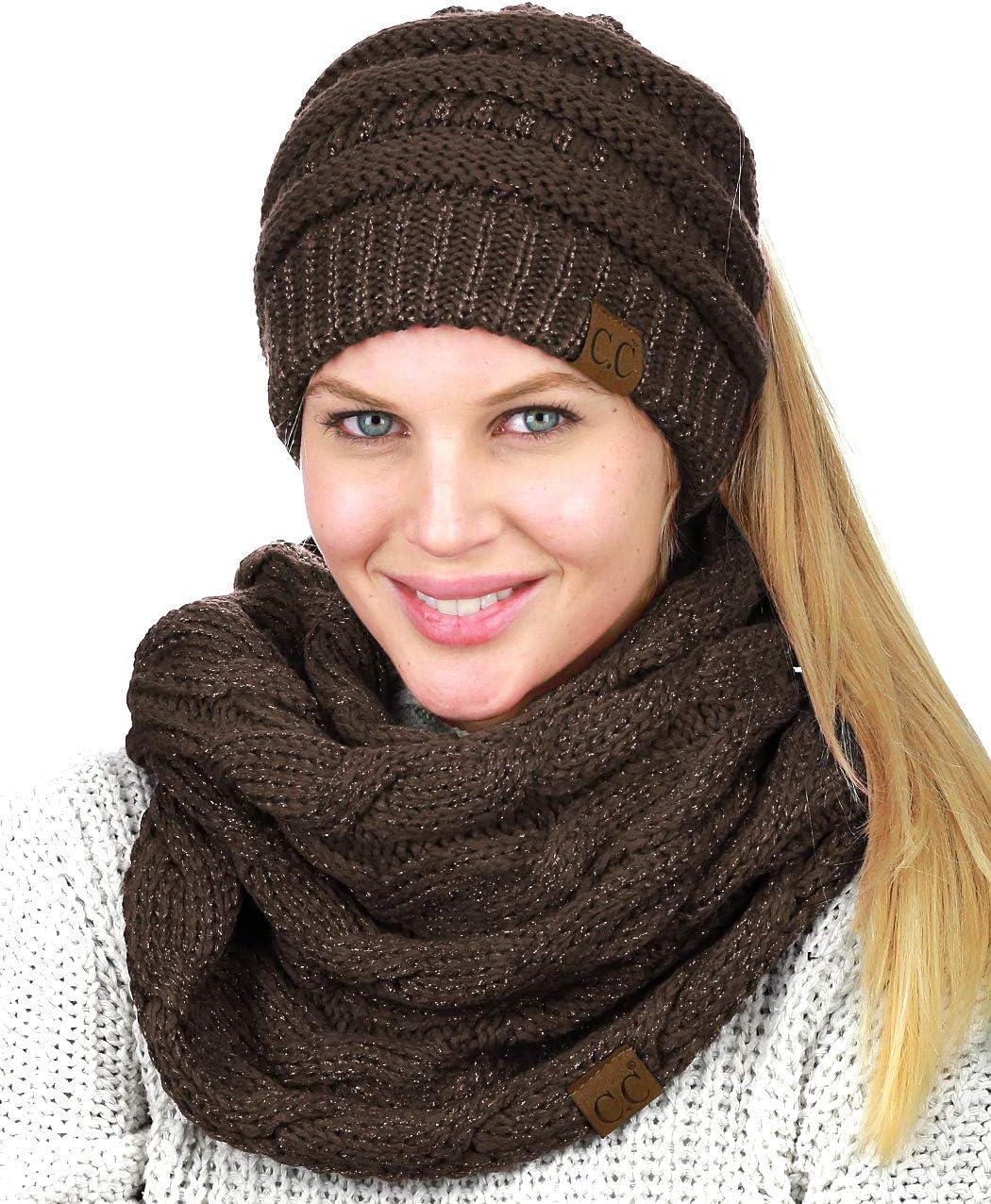 imageCC BeanieTail Messy High Bun Cable Knit Beanie and Infinity Loop Scarf SetBrown Metallic