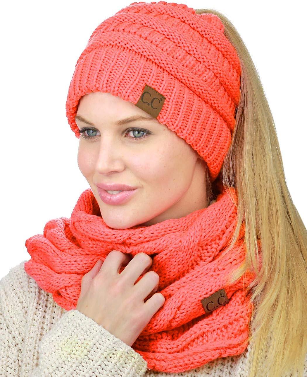 imageCC BeanieTail Messy High Bun Cable Knit Beanie and Infinity Loop Scarf SetCoral