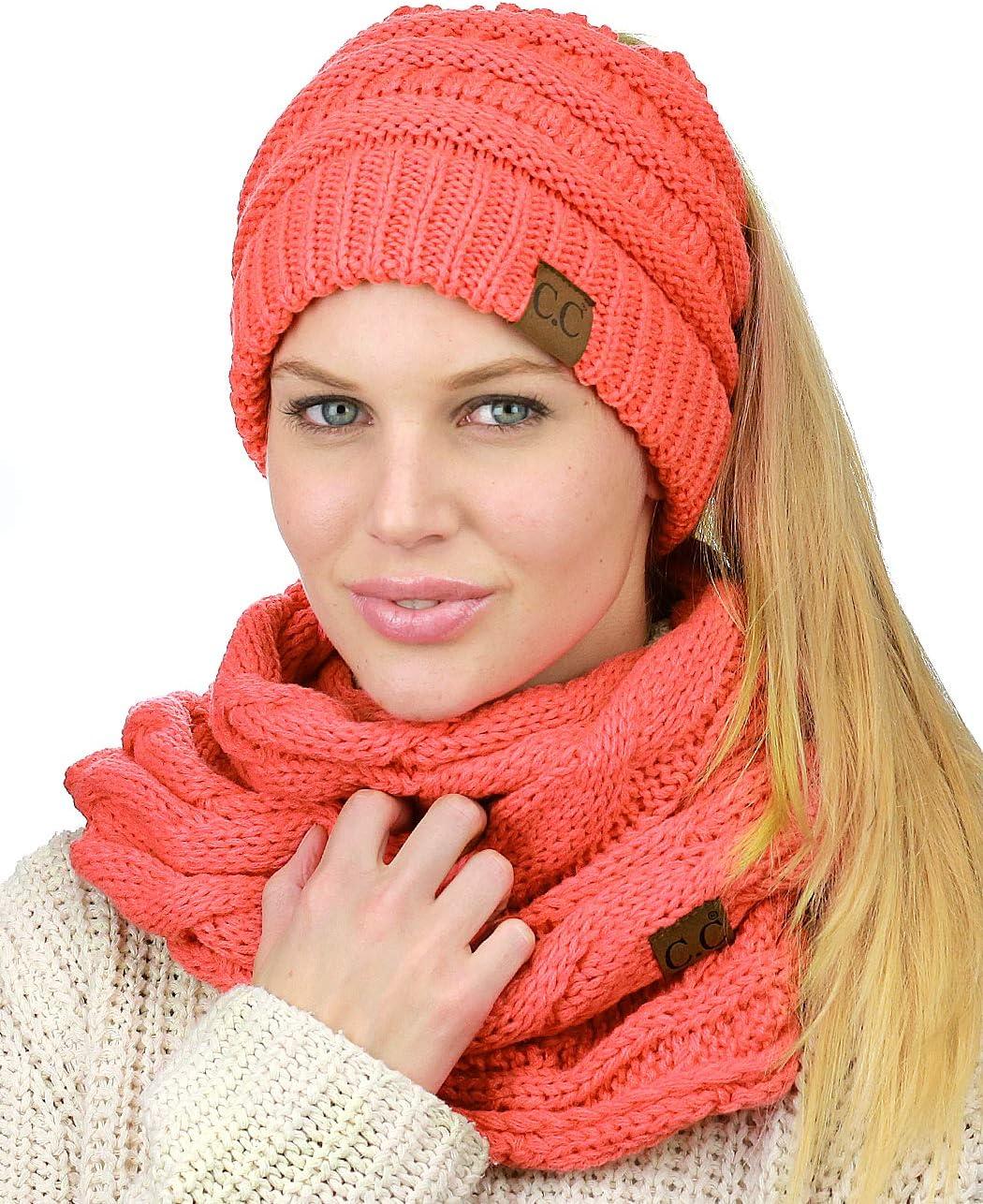 imageCC BeanieTail Messy High Bun Cable Knit Beanie and Infinity Loop Scarf SetCoral