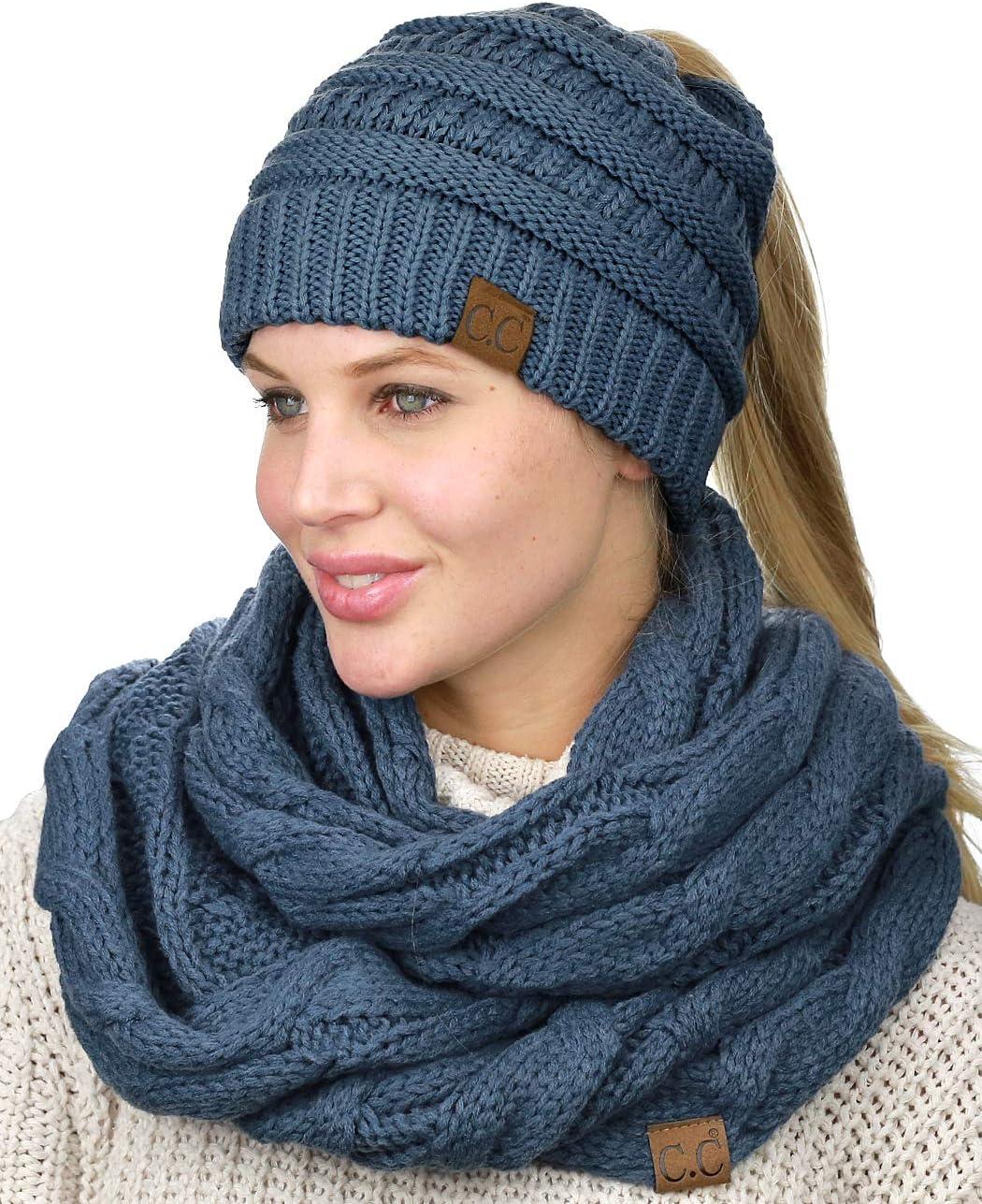 imageCC BeanieTail Messy High Bun Cable Knit Beanie and Infinity Loop Scarf SetDark Denim