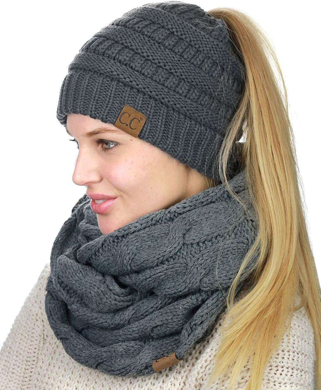 imageCC BeanieTail Messy High Bun Cable Knit Beanie and Infinity Loop Scarf SetDark Melange Gray