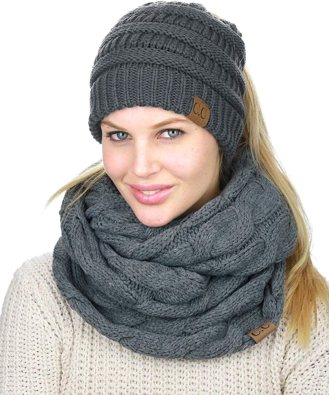 imageCC BeanieTail Messy High Bun Cable Knit Beanie and Infinity Loop Scarf SetDark Melange Gray